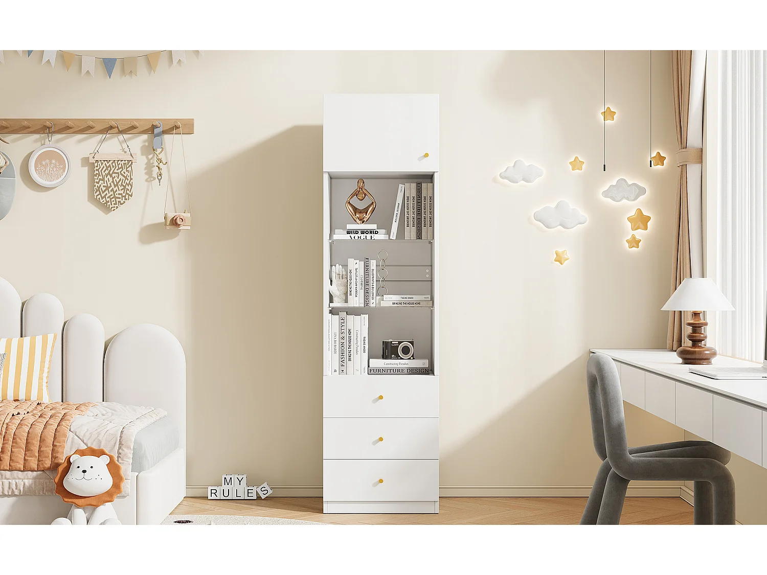 Vitrine/bibliothèque - 50 x 40 x 180 cm - avec rangement ouvert + tiroirs + étagères en verre - MDF + verre - blanc