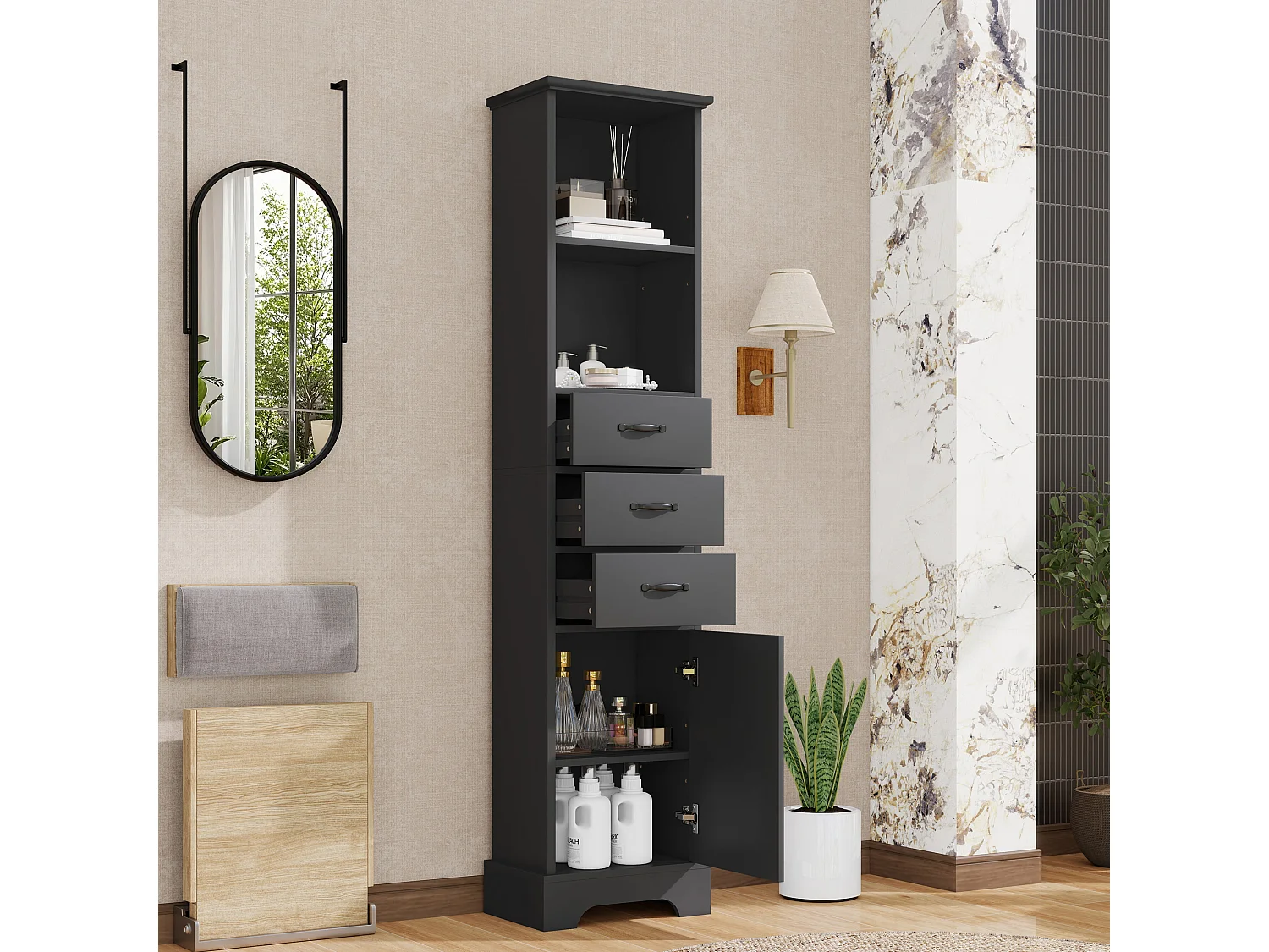 Badkamerkast - 38 x 26 x 172,5 cm - met 1 deur + 3 lades + open schappen - MDF - zwart