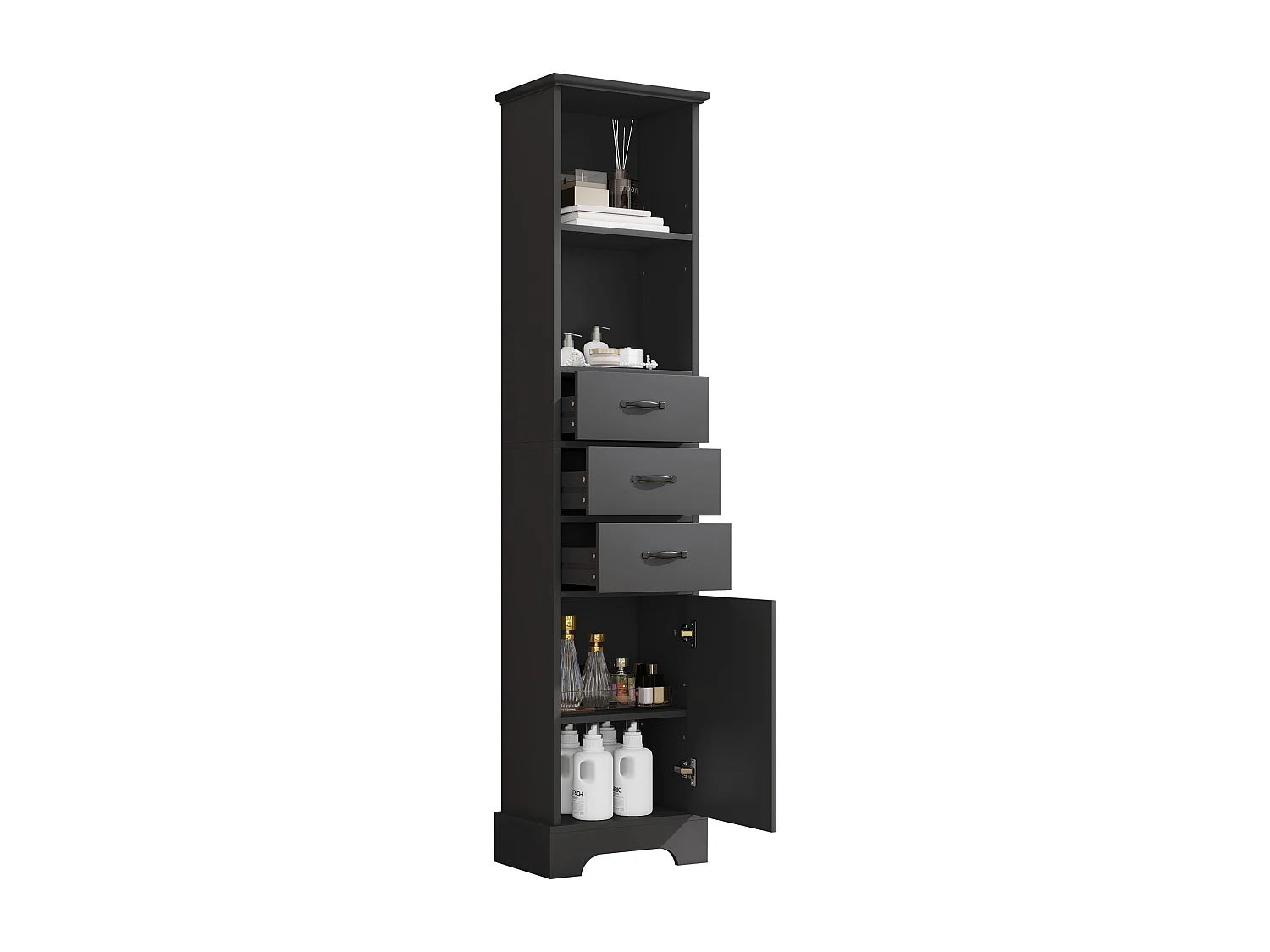 Badkamerkast - 38 x 26 x 172,5 cm - met 1 deur + 3 lades + open schappen - MDF - zwart