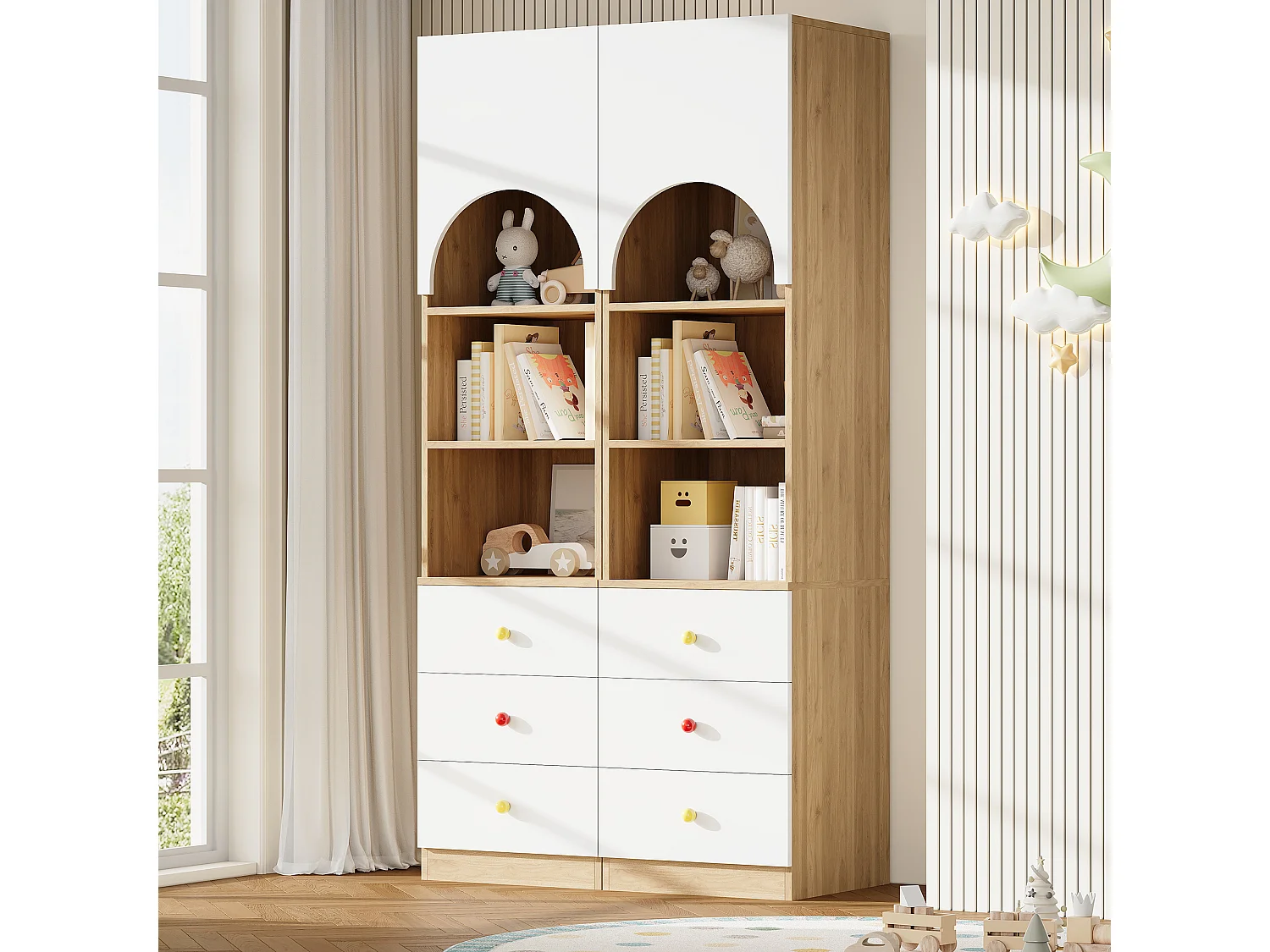 Bücherregal-Set 2-teilig 100x50x200 cm - 3 Schubladen und 1 gebogene Tür - 3 Regale - Keramikgriffe - Weiß