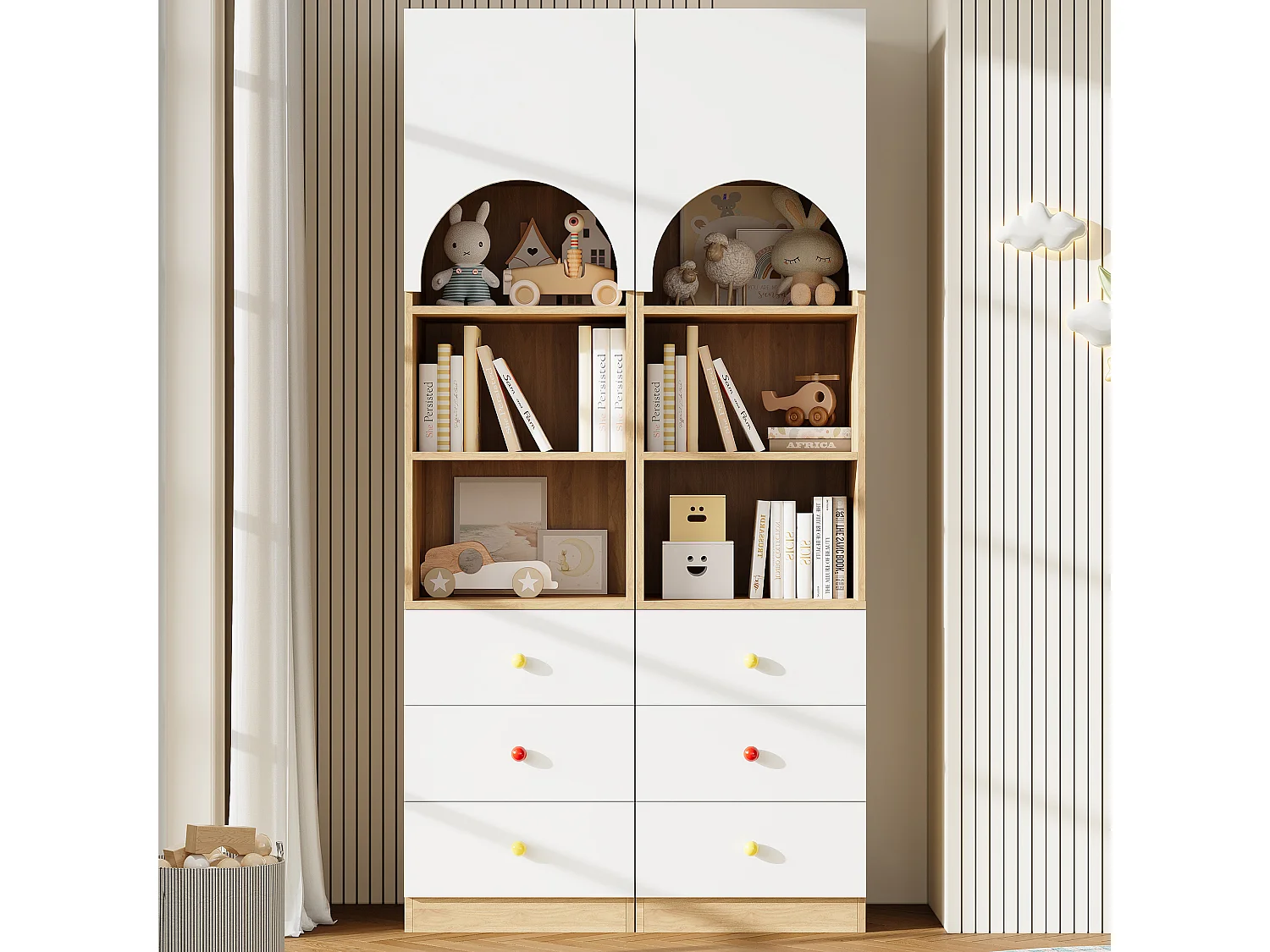 Bücherregal-Set 2-teilig 100x50x200 cm - 3 Schubladen und 1 gebogene Tür - 3 Regale - Keramikgriffe - Weiß