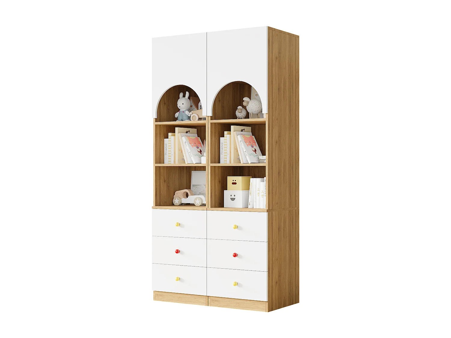 Bücherregal-Set 2-teilig 100x50x200 cm - 3 Schubladen und 1 gebogene Tür - 3 Regale - Keramikgriffe - Weiß