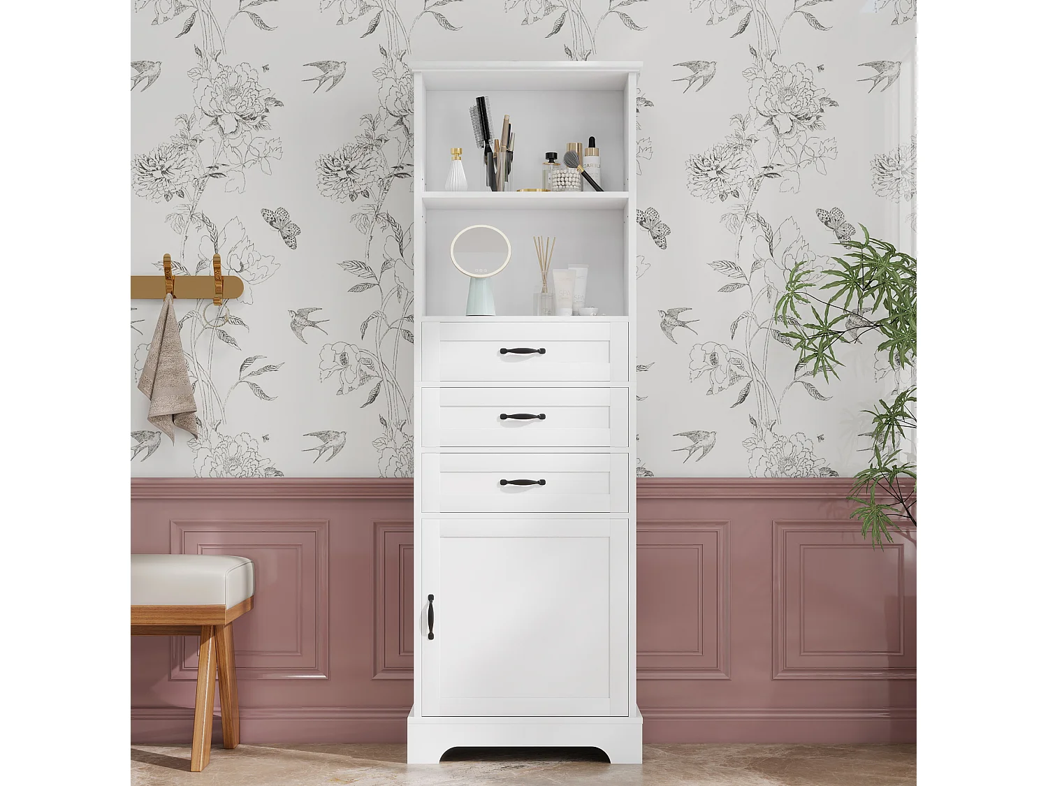 Badezimmerschrank 56x25,6x167 cm - Lackierte Oberfläche - 3 Schubladen und 1 Tür - Offene Regale - MDF - Weiß