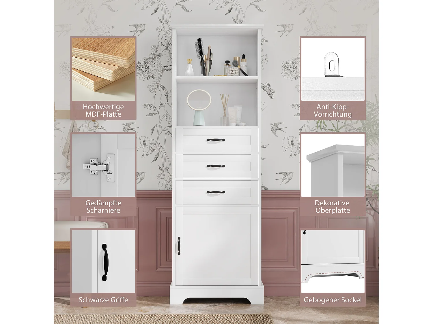 Badezimmerschrank 56x25,6x167 cm - Lackierte Oberfläche - 3 Schubladen und 1 Tür - Offene Regale - MDF - Weiß