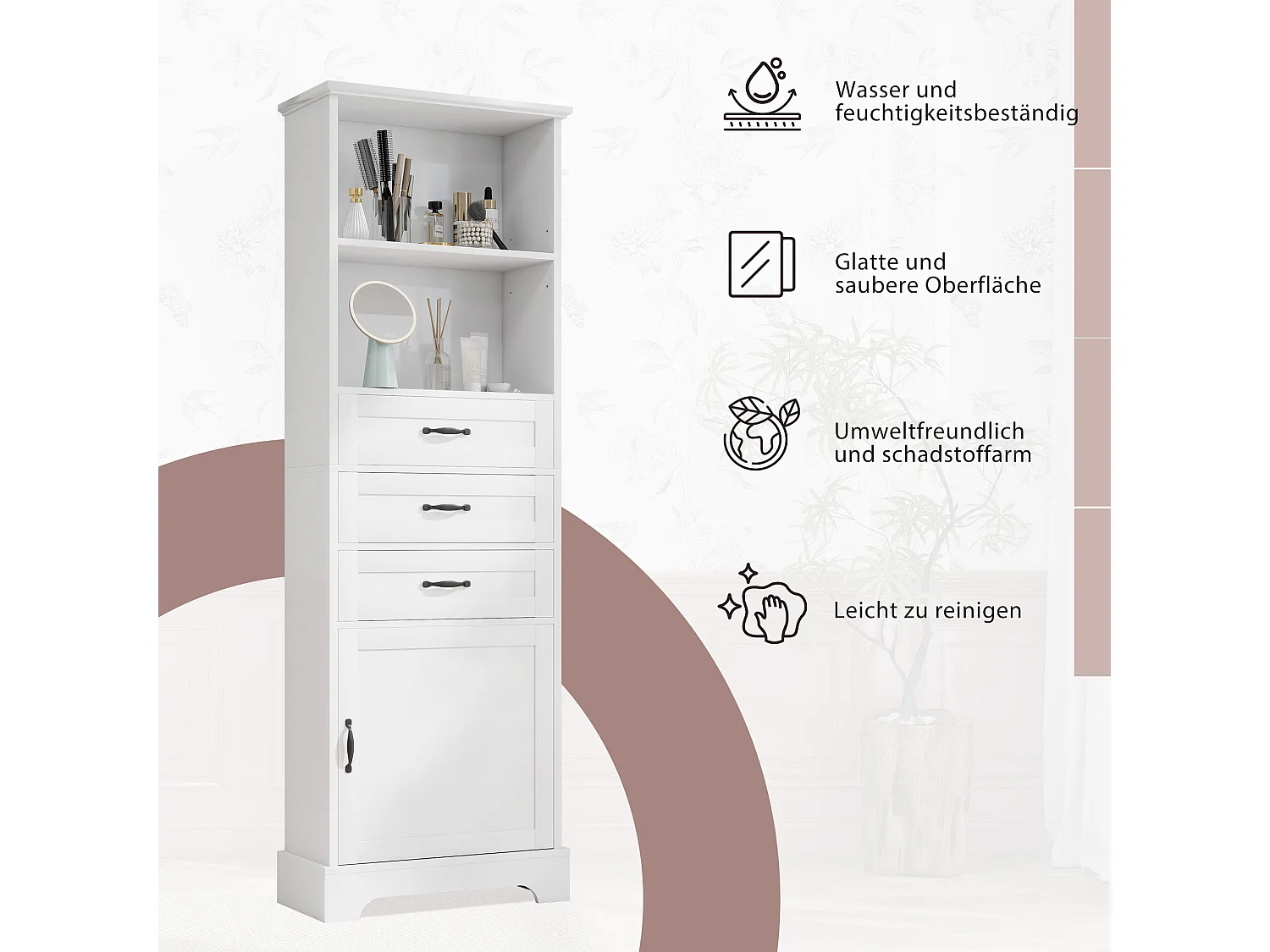 Badezimmerschrank 56x25,6x167 cm - Lackierte Oberfläche - 3 Schubladen und 1 Tür - Offene Regale - MDF - Weiß