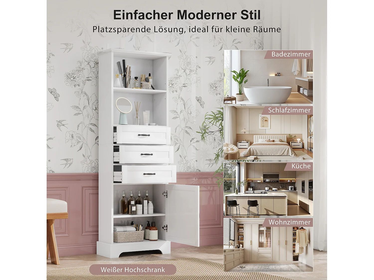 Badezimmerschrank 56x25,6x167 cm - Lackierte Oberfläche - 3 Schubladen und 1 Tür - Offene Regale - MDF - Weiß