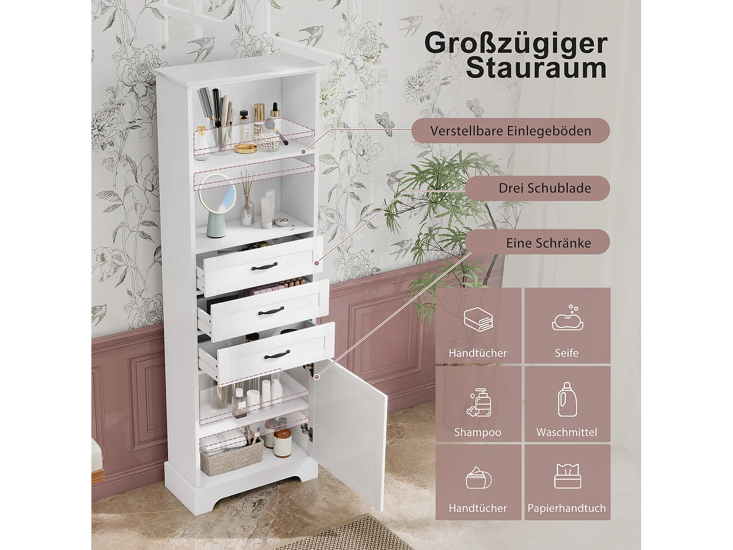 Badezimmerschrank 56x25,6x167 cm - Lackierte Oberfläche - 3 Schubladen und 1 Tür - Offene Regale - MDF - Weiß