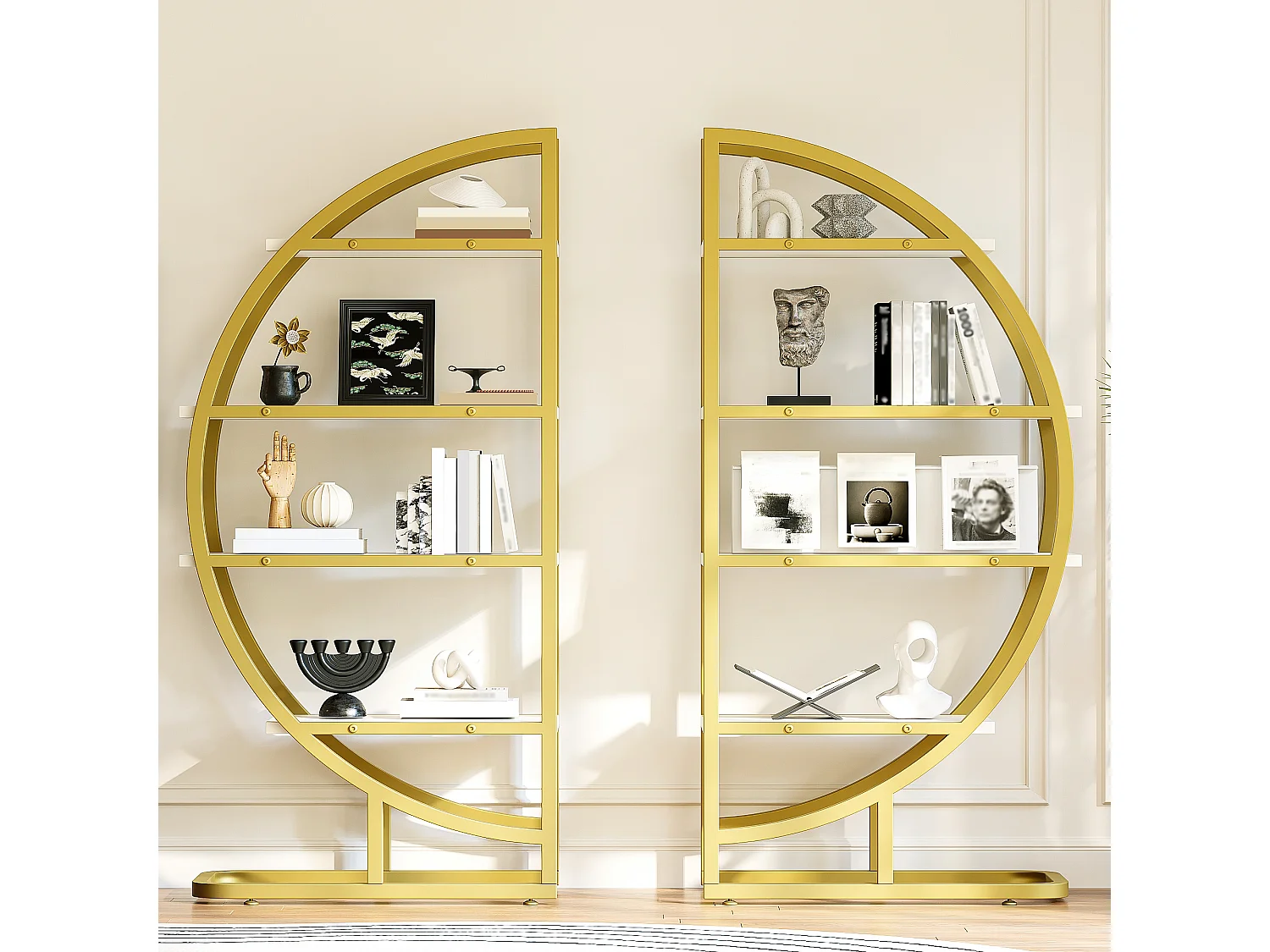 Gebogenes 2-teiliges Modulregal -120x30x130 cm - 4 Regale - Gestell aus goldenem Metall - Höhenverstellbare Füße - MDF - Gold