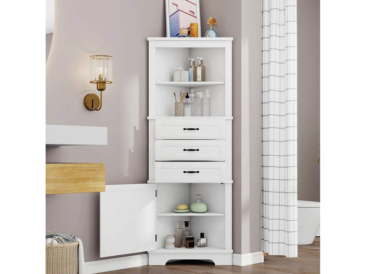 Badkamerhoekkastje - 57,7 x 46 x 167,5 cm - met 1 deur + 3 lades + open schappen - MDF - wit