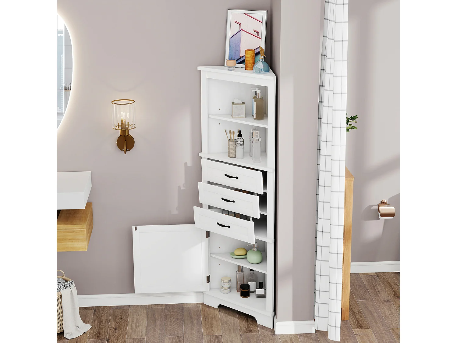 Badkamerhoekkastje - 57,7 x 46 x 167,5 cm - met 1 deur + 3 lades + open schappen - MDF - wit