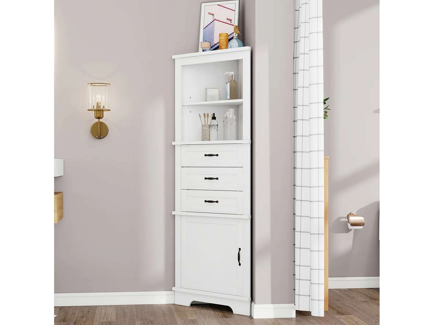 Badkamerhoekkastje - 57,7 x 46 x 167,5 cm - met 1 deur + 3 lades + open schappen - MDF - wit