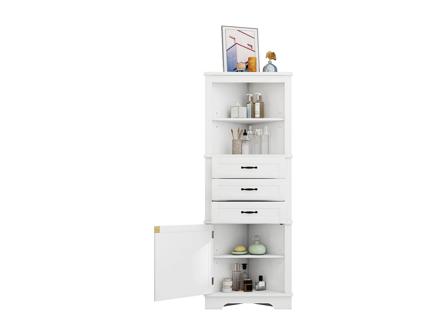 Badkamerhoekkastje - 57,7 x 46 x 167,5 cm - met 1 deur + 3 lades + open schappen - MDF - wit
