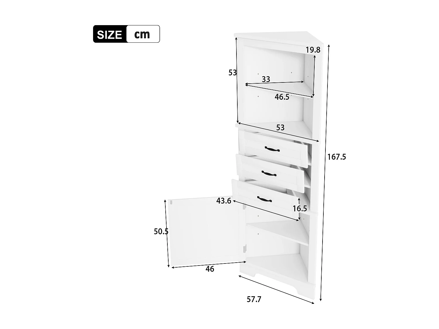 Badkamerhoekkastje - 57,7 x 46 x 167,5 cm - met 1 deur + 3 lades + open schappen - MDF - wit