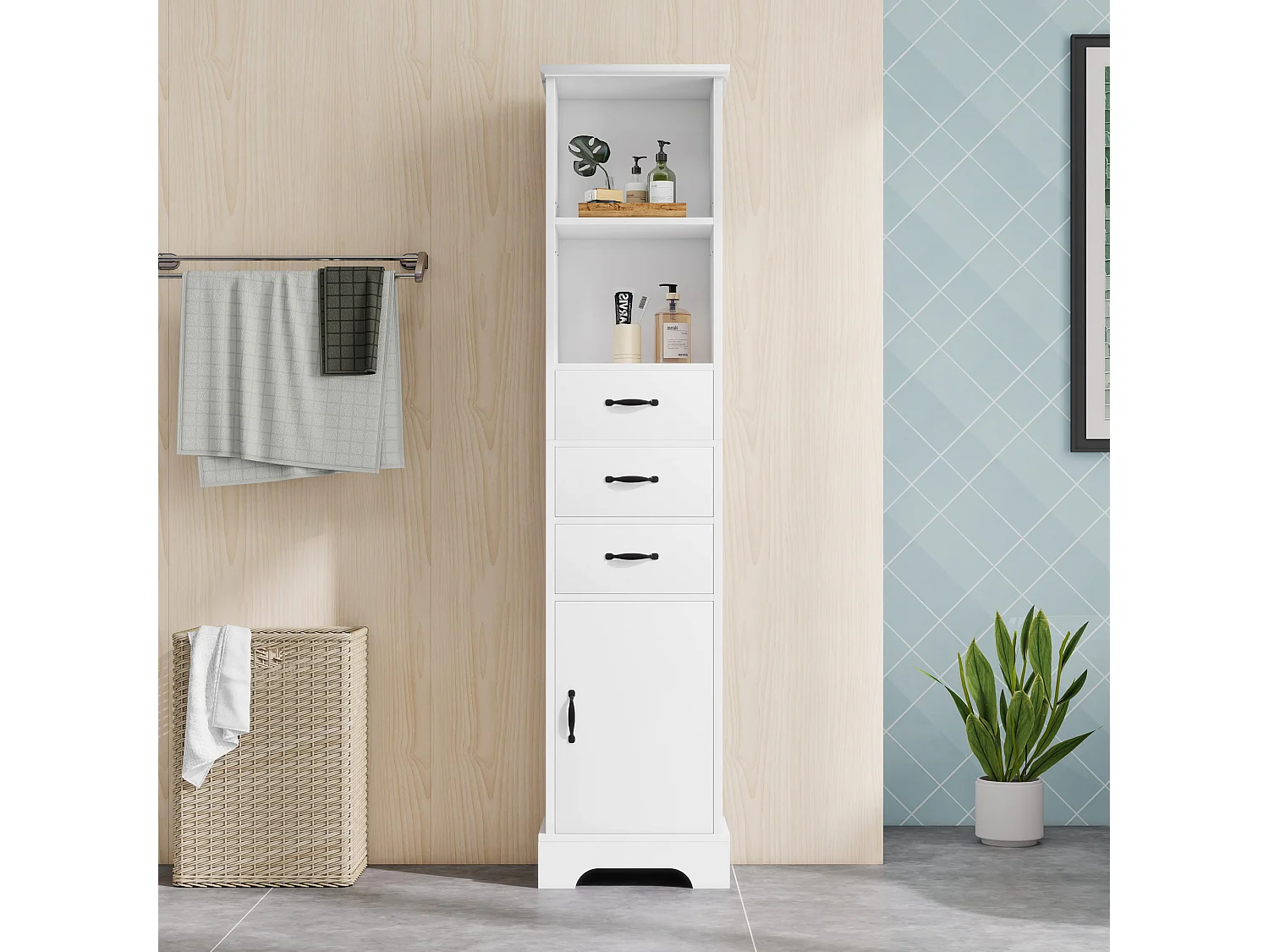 Badezimmerschrank 38x26x172,5 cm - 3 Schubladen und 1 Tür - Höhenverstellbare Einlegeböden - Lackierte Oberfläche - Weiß