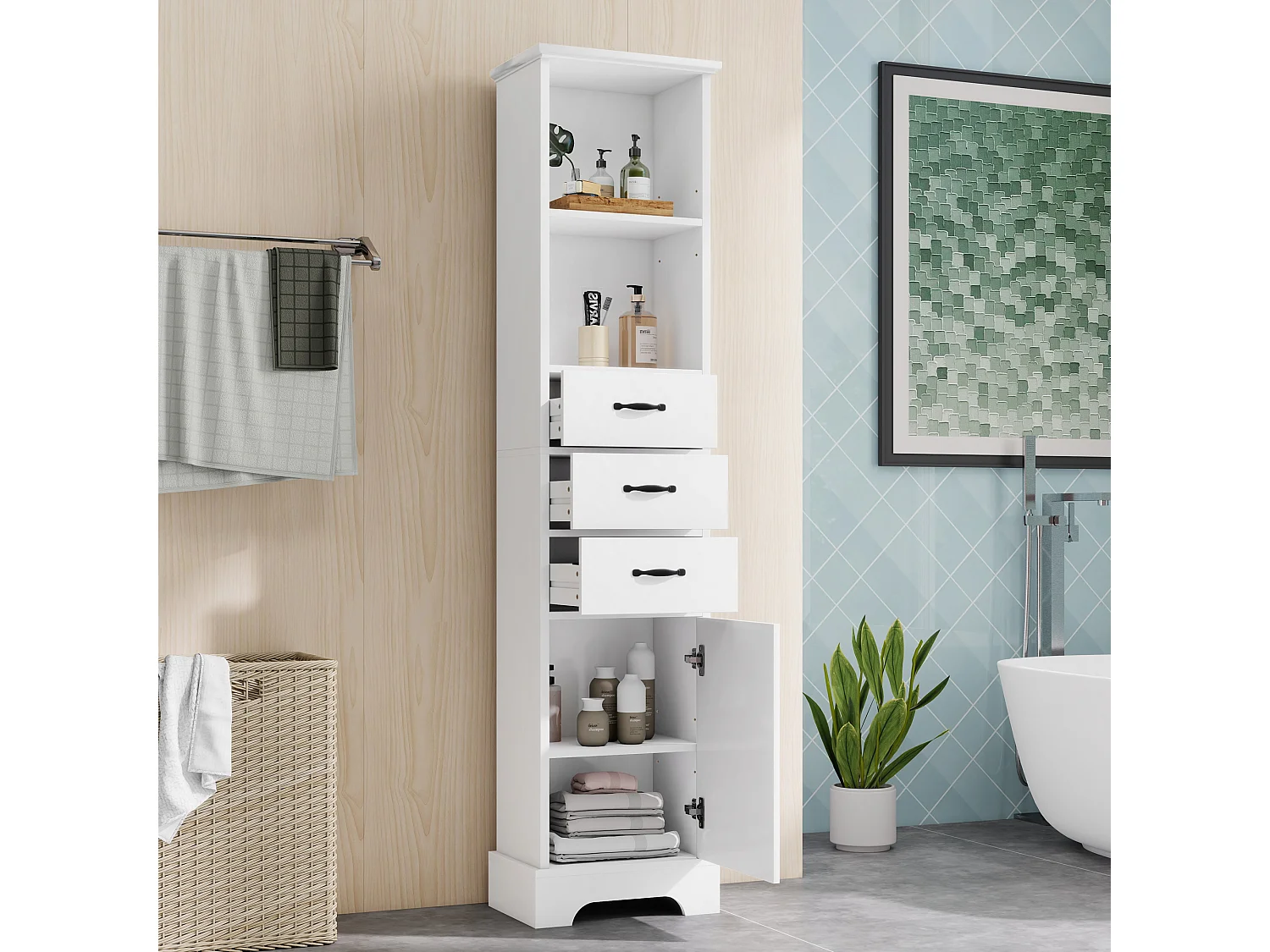 Badezimmerschrank 38x26x172,5 cm - 3 Schubladen und 1 Tür - Höhenverstellbare Einlegeböden - Lackierte Oberfläche - Weiß