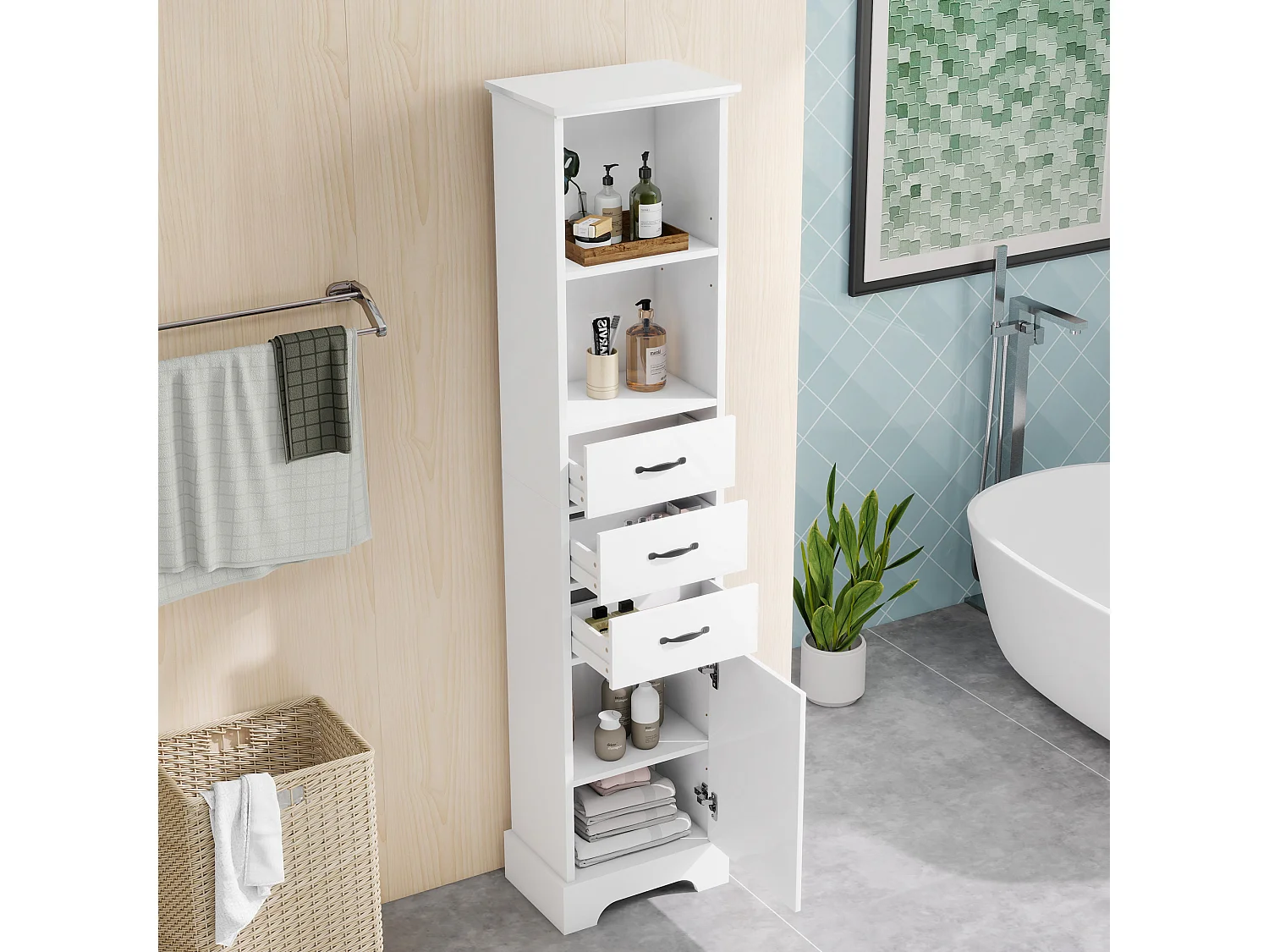 Badezimmerschrank 38x26x172,5 cm - 3 Schubladen und 1 Tür - Höhenverstellbare Einlegeböden - Lackierte Oberfläche - Weiß