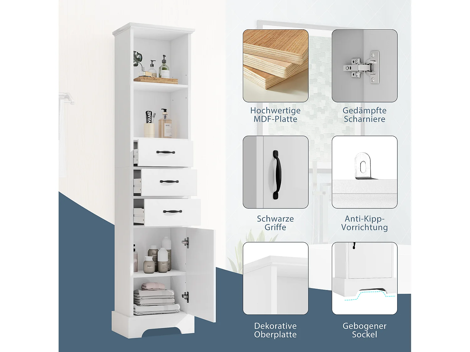 Badezimmerschrank 38x26x172,5 cm - 3 Schubladen und 1 Tür - Höhenverstellbare Einlegeböden - Lackierte Oberfläche - Weiß