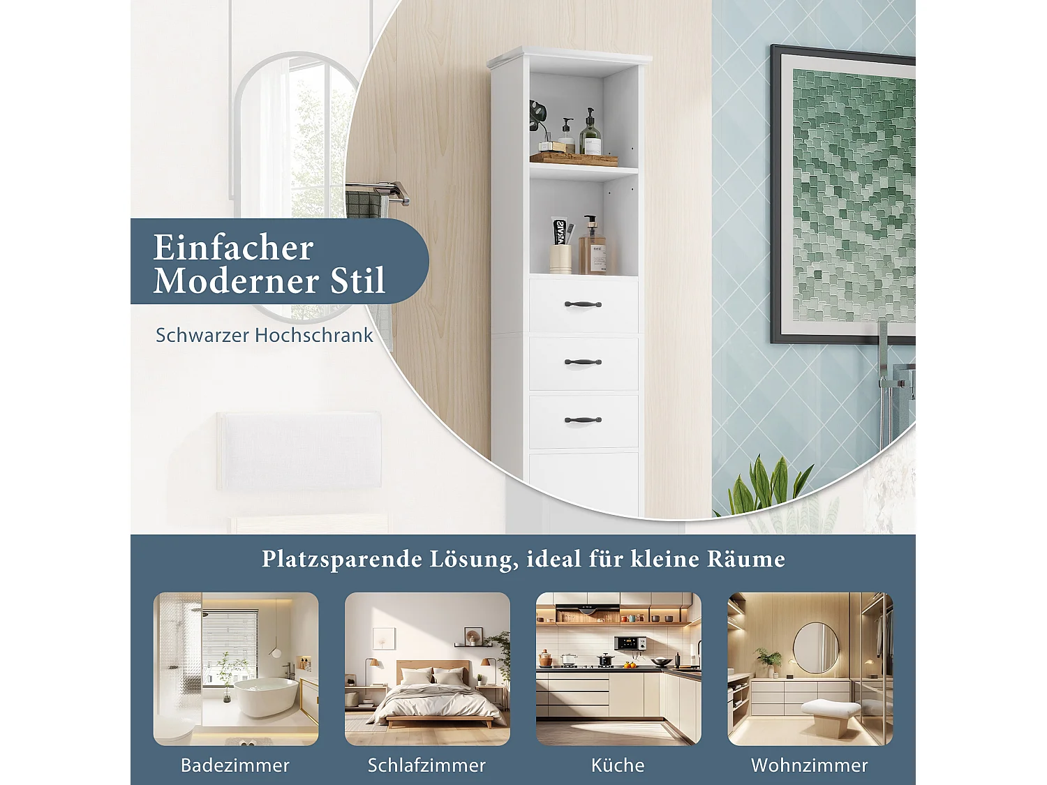 Badezimmerschrank 38x26x172,5 cm - 3 Schubladen und 1 Tür - Höhenverstellbare Einlegeböden - Lackierte Oberfläche - Weiß