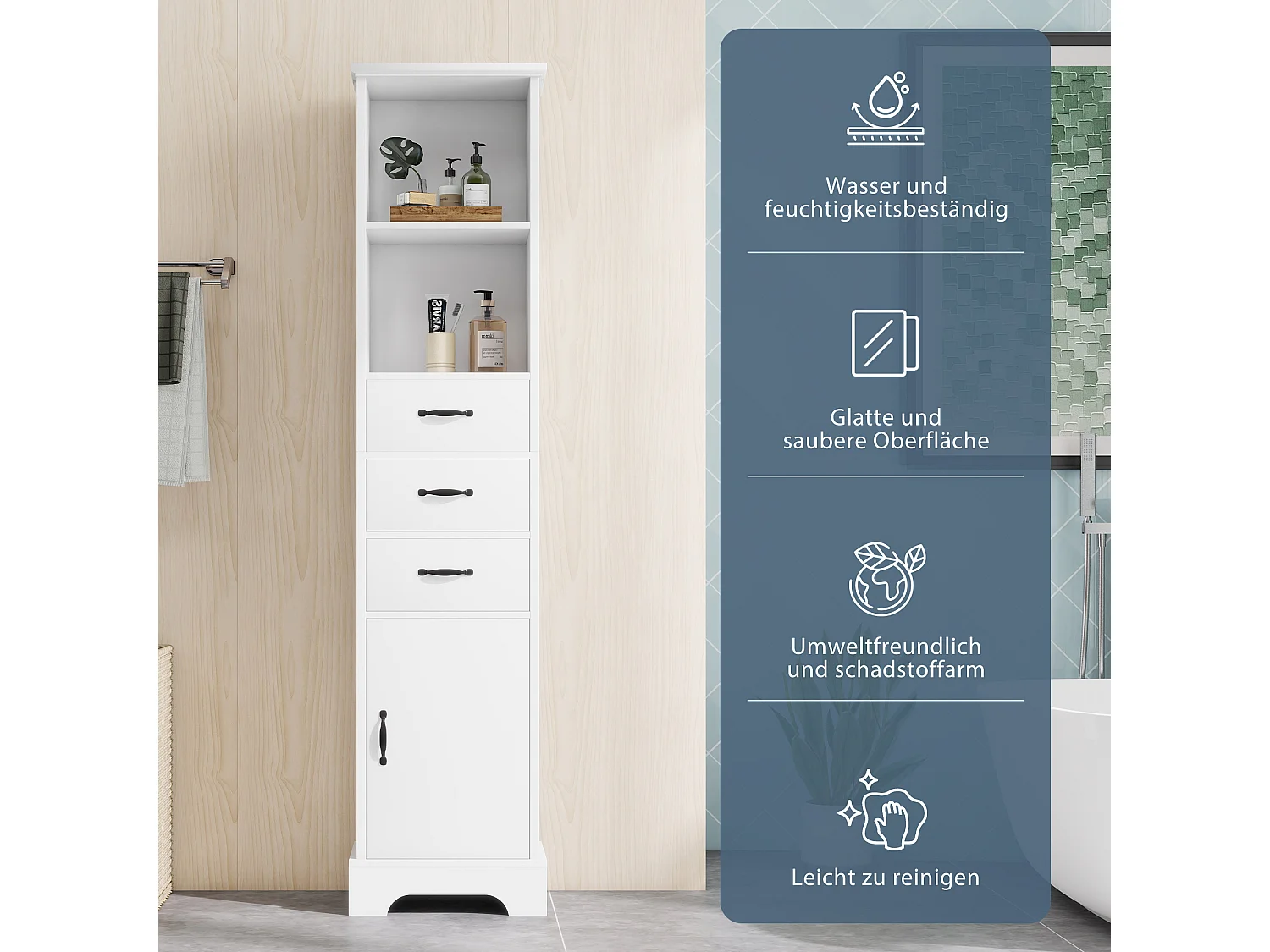 Badezimmerschrank 38x26x172,5 cm - 3 Schubladen und 1 Tür - Höhenverstellbare Einlegeböden - Lackierte Oberfläche - Weiß