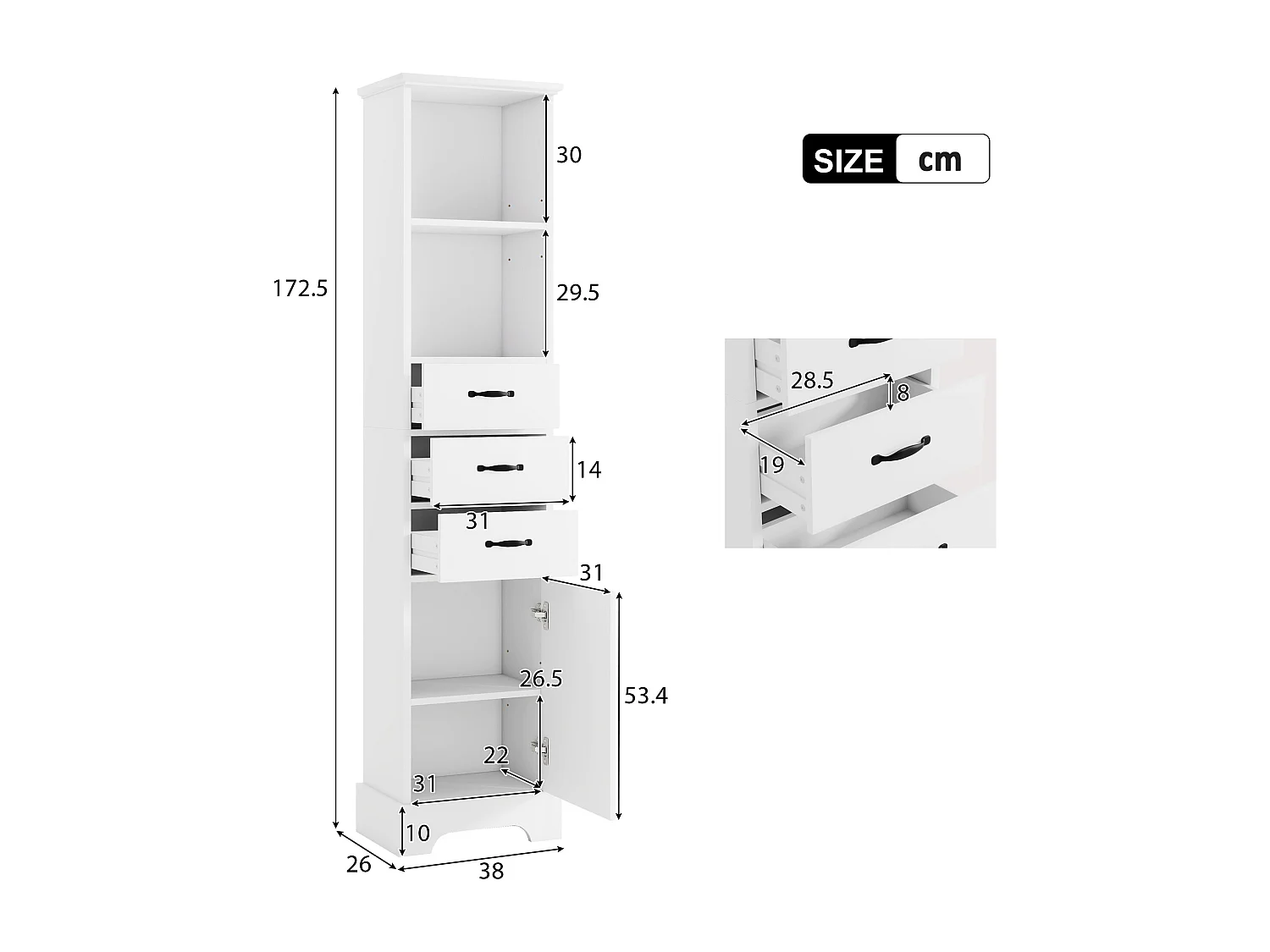 Badezimmerschrank – 38 x 26 x 172,5 cm – mit 1 Tür, 3 Schubladen und offenen Regalfächern – MDF – weiß