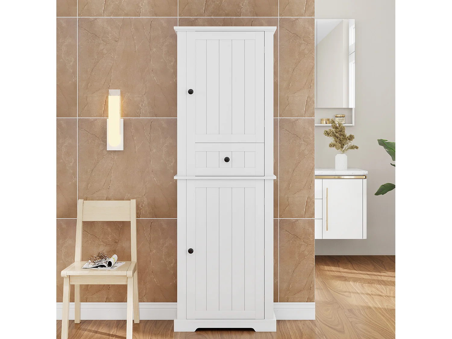 Badezimmerschrank – 56 x 28 x 167 cm – mit 2 Türen + Schublade + verstellbaren Einlegeböden – MDF – weiß