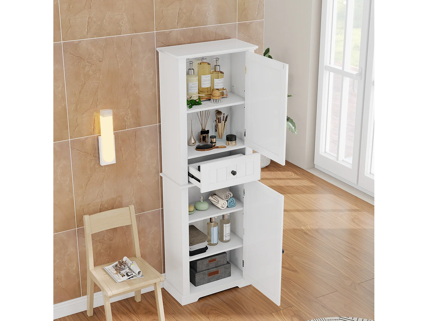 Badezimmerschrank – 56 x 28 x 167 cm – mit 2 Türen + Schublade + verstellbaren Einlegeböden – MDF – weiß