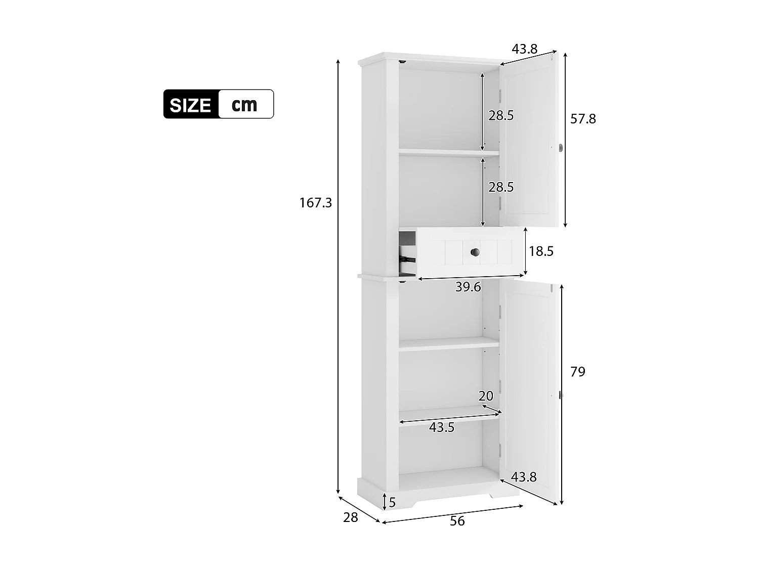 Badezimmerschrank – 56 x 28 x 167 cm – mit 2 Türen + Schublade + verstellbaren Einlegeböden – MDF – weiß