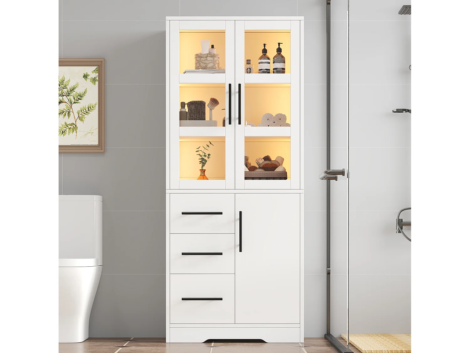 Mobile bagno con lavabo - 72 x 35 x 170 cm - con LED + doppie ante in vetro + 3 cassetti + 2 ante - MDF + vetro - bianco