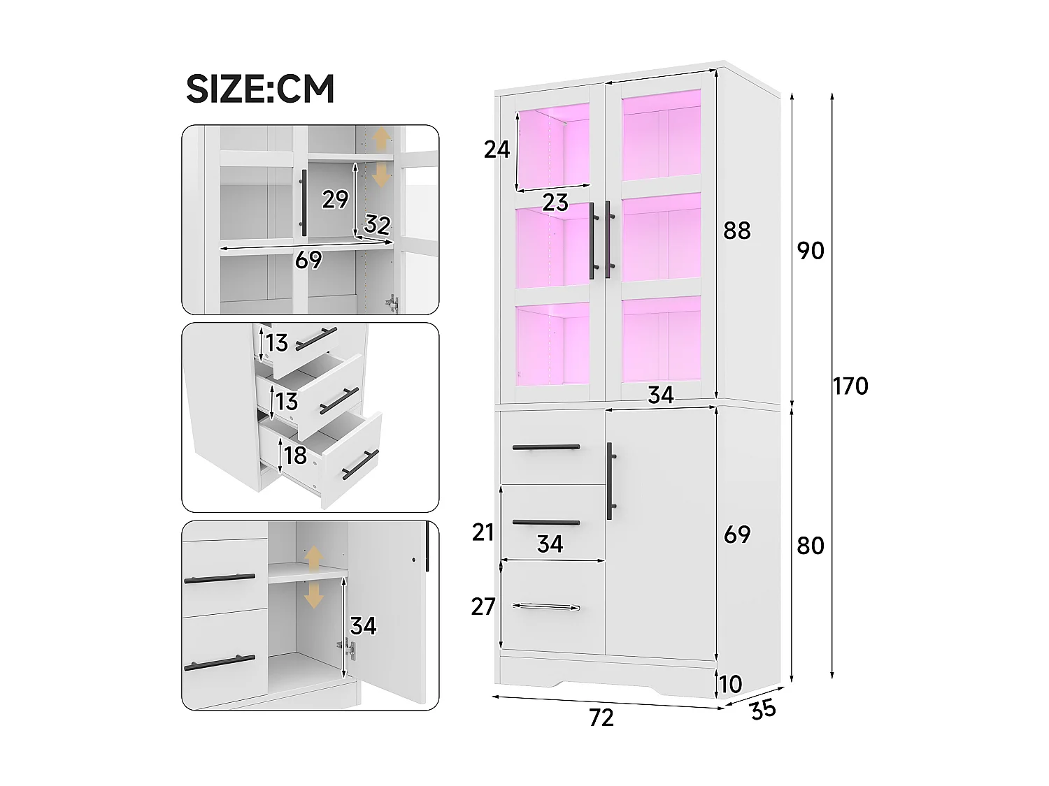 Mobile bagno con lavabo - 72 x 35 x 170 cm - con LED + doppie ante in vetro + 3 cassetti + 2 ante - MDF + vetro - bianco