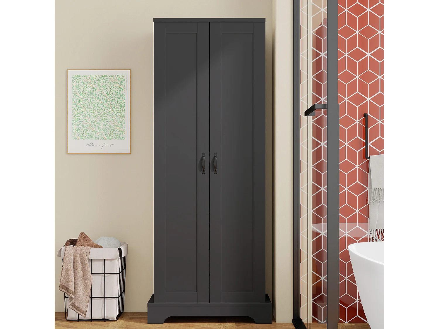 Badkamerkast - 56 x 40 x 170 cm - met 2 deuren + 4 verstelbare planken - MDF - zwart