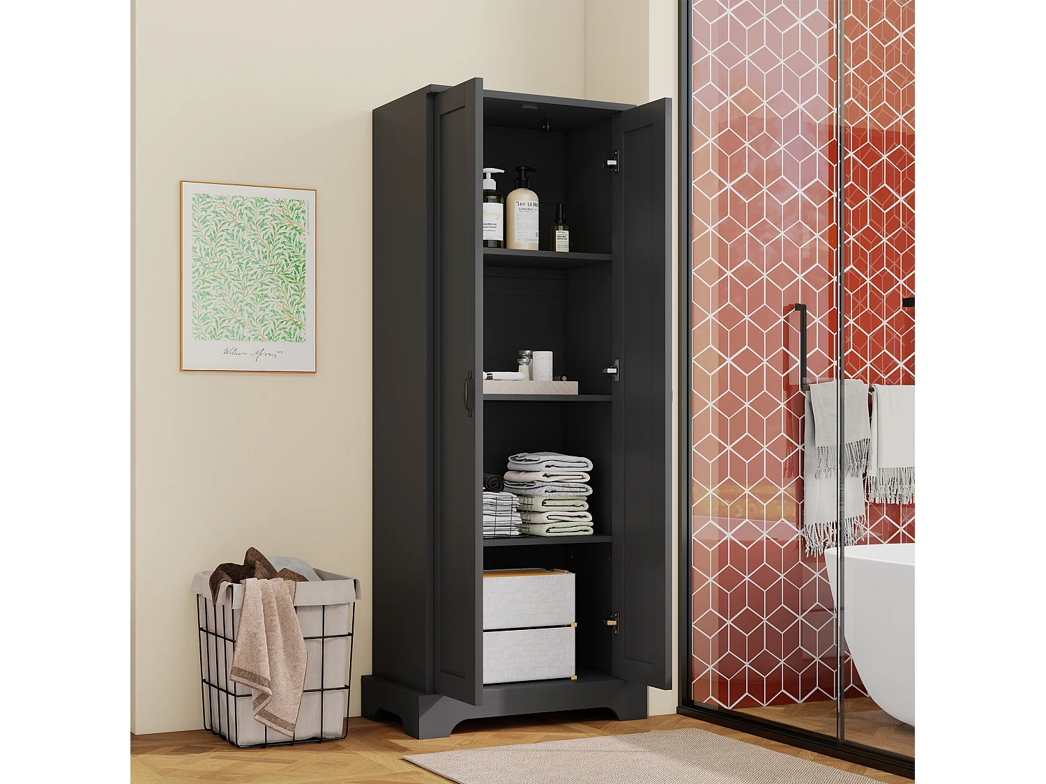 Badkamerkast - 56 x 40 x 170 cm - met 2 deuren + 4 verstelbare planken - MDF - zwart