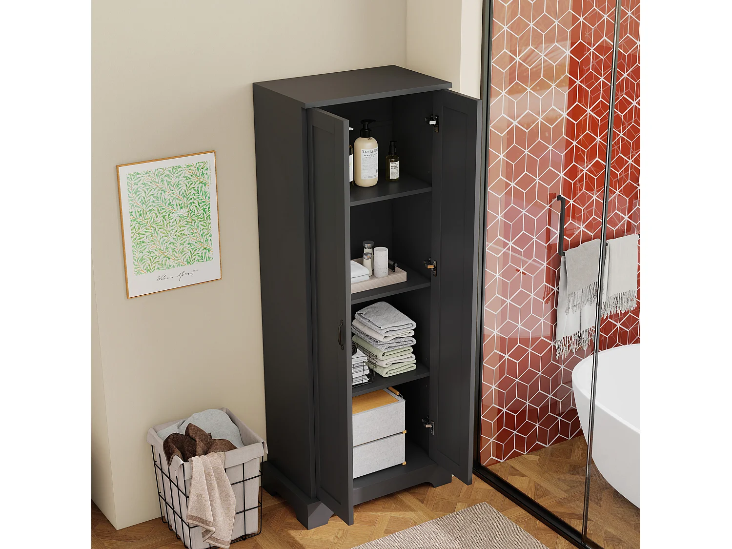 Badkamerkast - 56 x 40 x 170 cm - met 2 deuren + 4 verstelbare planken - MDF - zwart