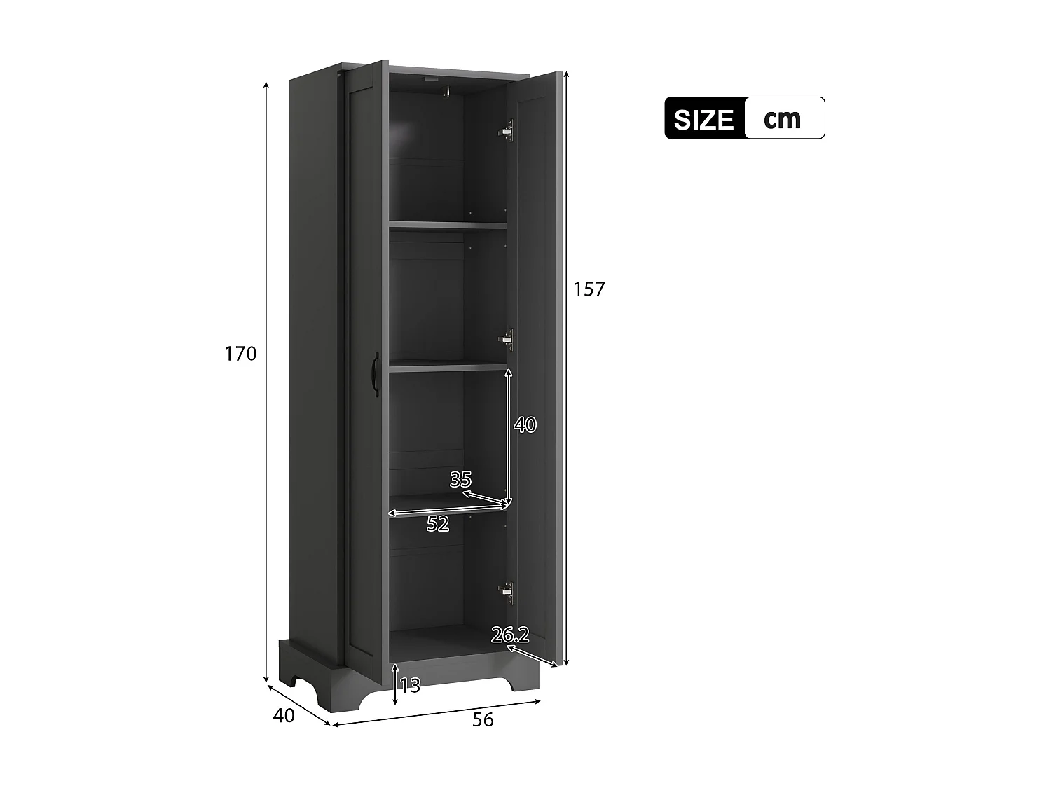 Badkamerkast - 56 x 40 x 170 cm - met 2 deuren + 4 verstelbare planken - MDF - zwart
