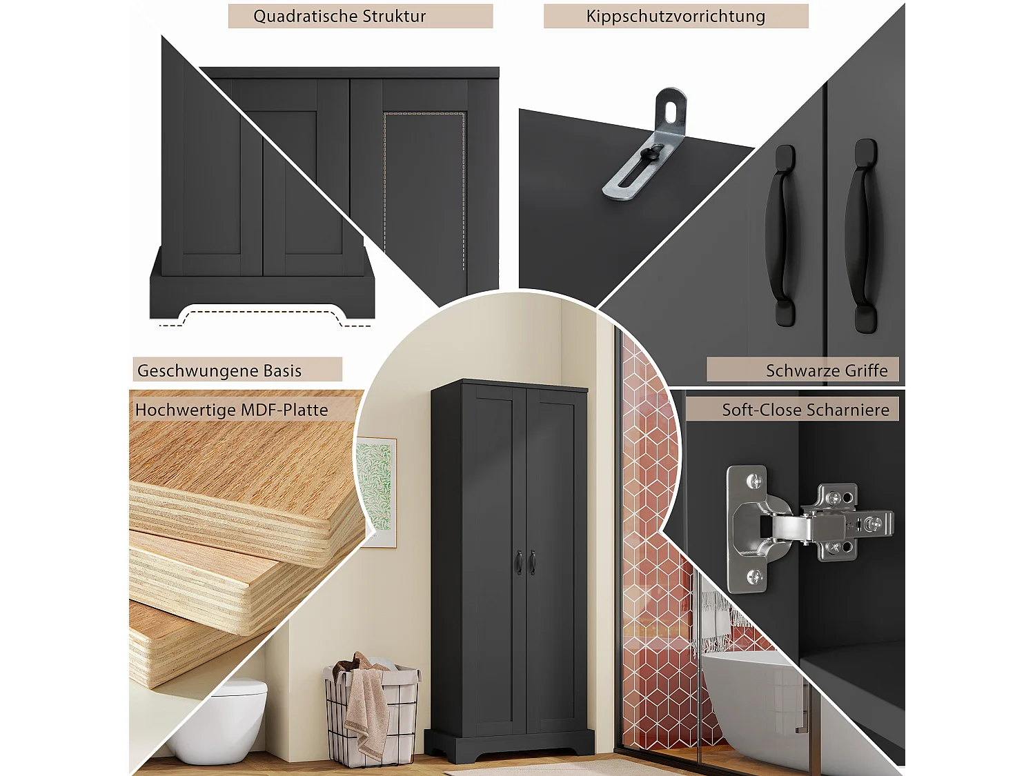 Badkamerkast - 56 x 40 x 170 cm - met 2 deuren + 4 verstelbare planken - MDF - zwart