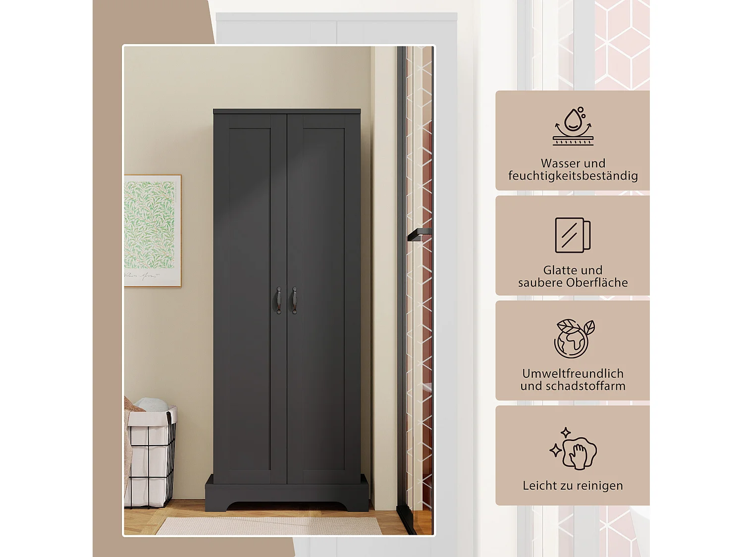 Badkamermeubel 56x40x170 cm - Vochtbestendige afwerking - 2 deuren, 4 planken - Verstelbare planken - MDF - Zwart