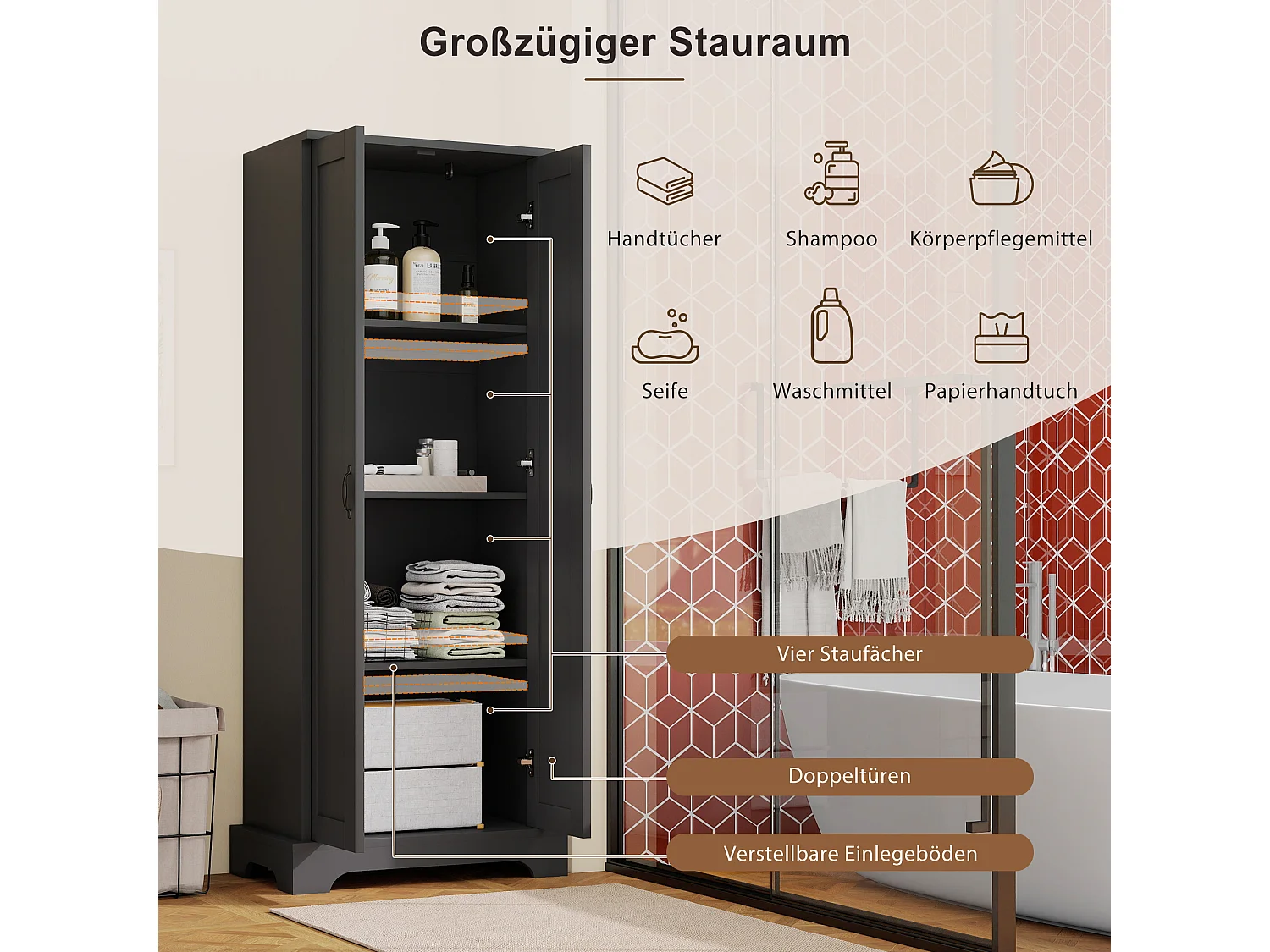 Badkamermeubel 56x40x170 cm - Vochtbestendige afwerking - 2 deuren, 4 planken - Verstelbare planken - MDF - Zwart