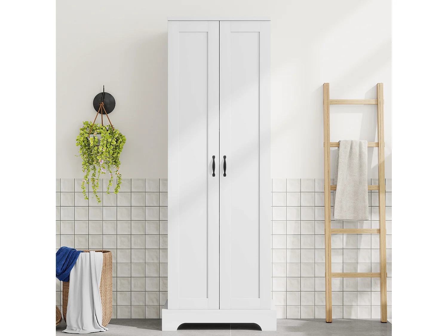 Badkamermeubel 56x40x170 cm - Vochtbestendige afwerking - 2 deuren, 4 planken - Verstelbare planken - MDF - Wit