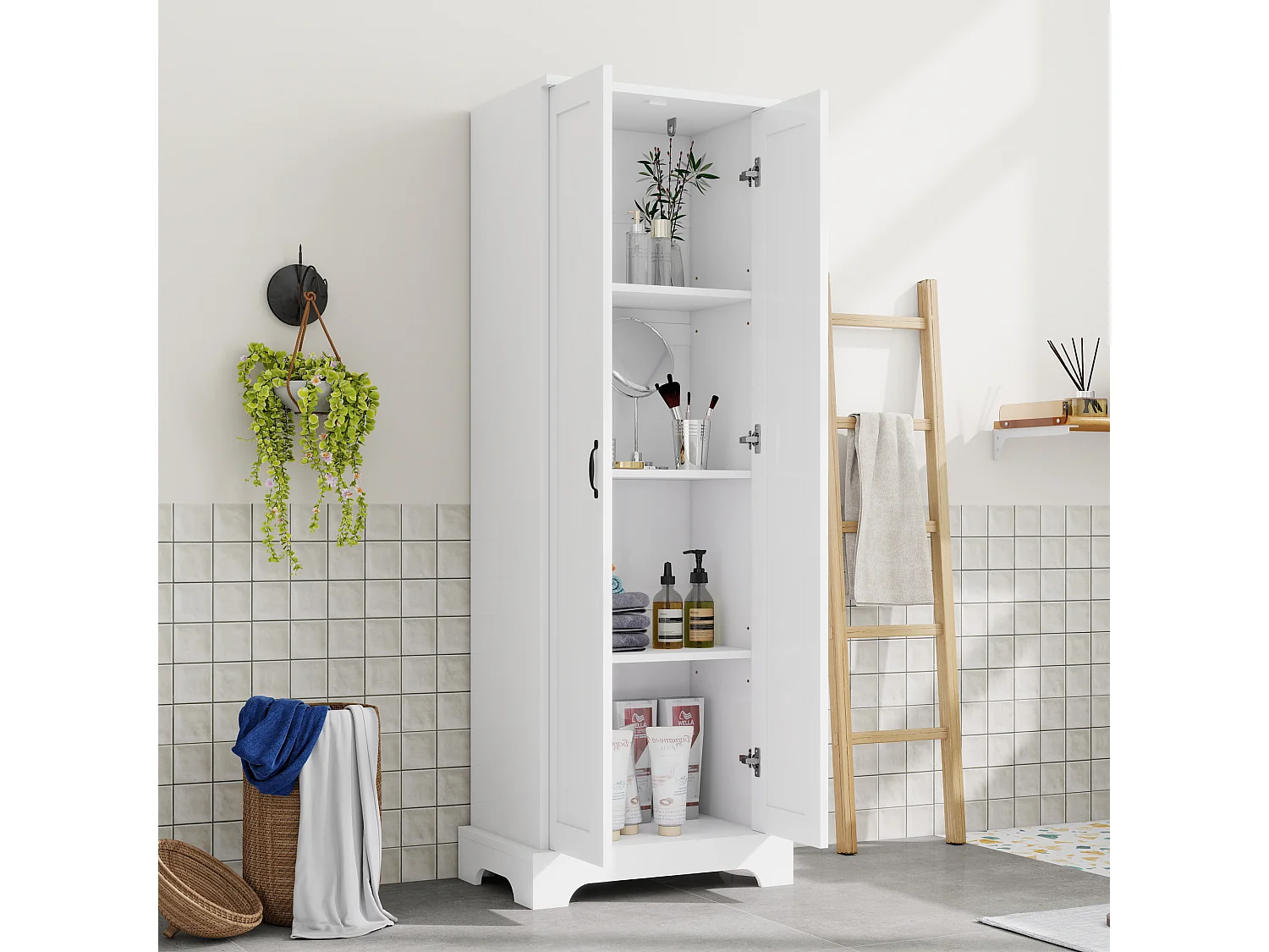 Badkamermeubel 56x40x170 cm - Vochtbestendige afwerking - 2 deuren, 4 planken - Verstelbare planken - MDF - Wit