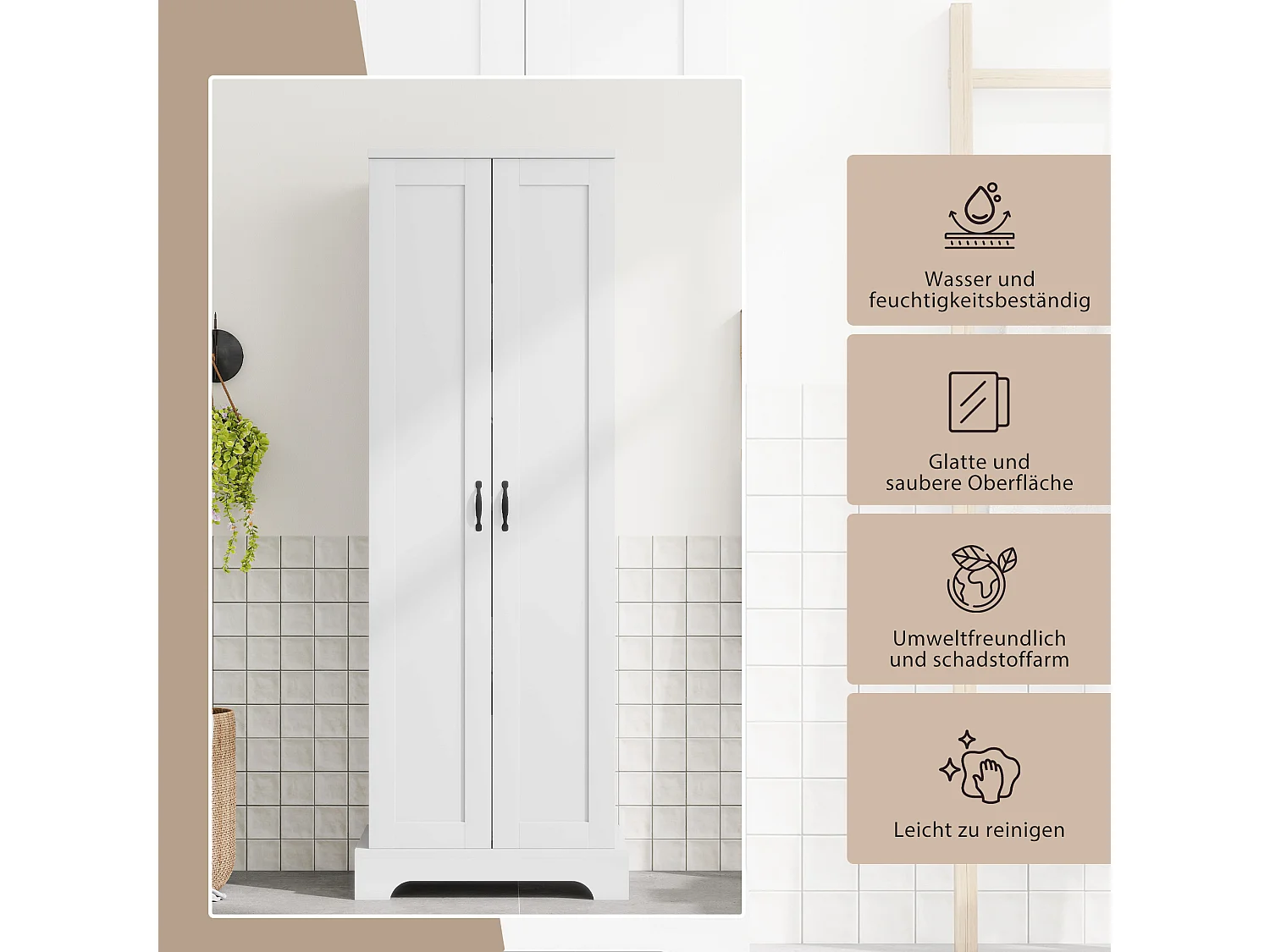 Badkamermeubel 56x40x170 cm - Vochtbestendige afwerking - 2 deuren, 4 planken - Verstelbare planken - MDF - Wit