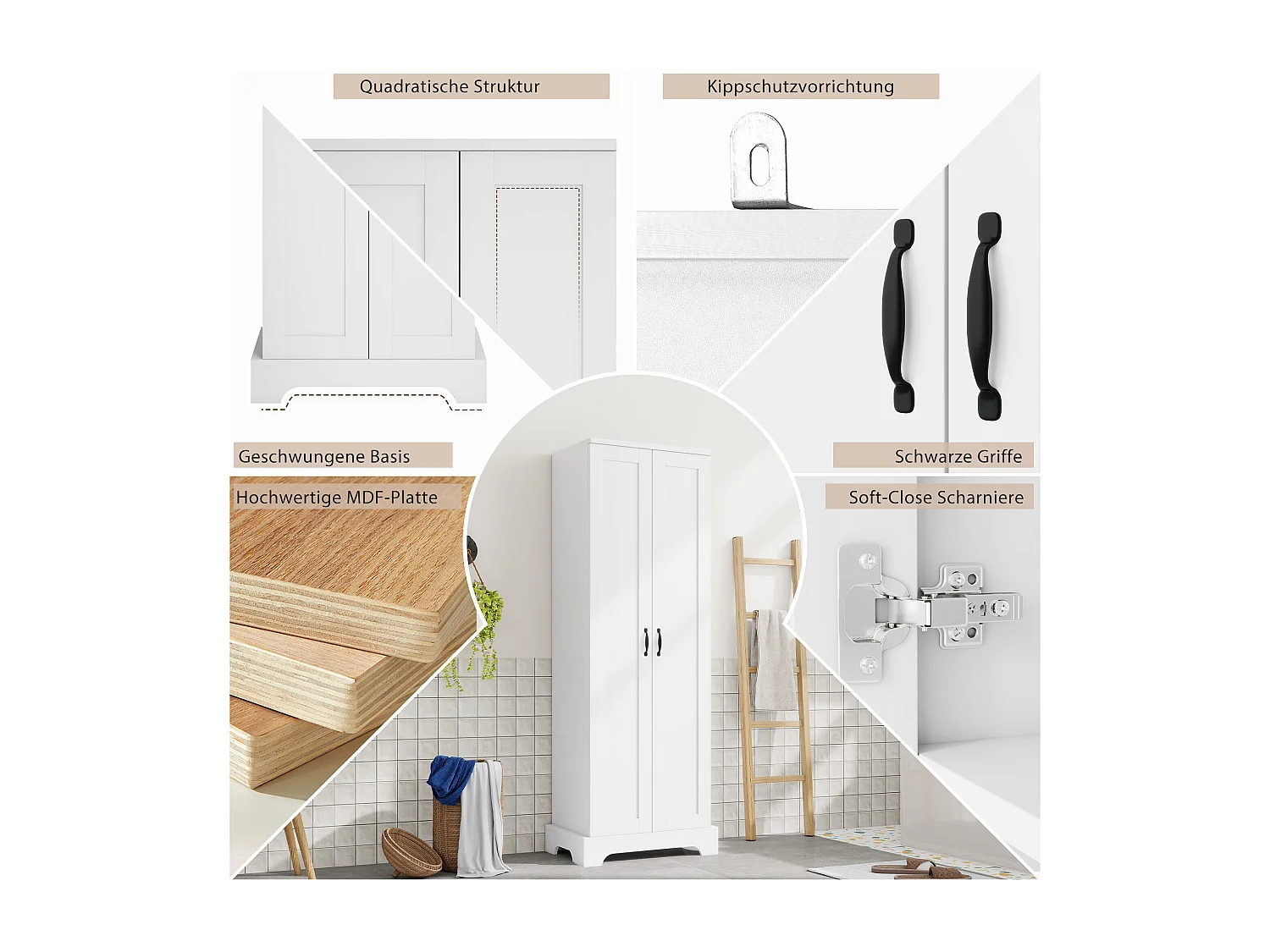 Badkamermeubel 56x40x170 cm - Vochtbestendige afwerking - 2 deuren, 4 planken - Verstelbare planken - MDF - Wit