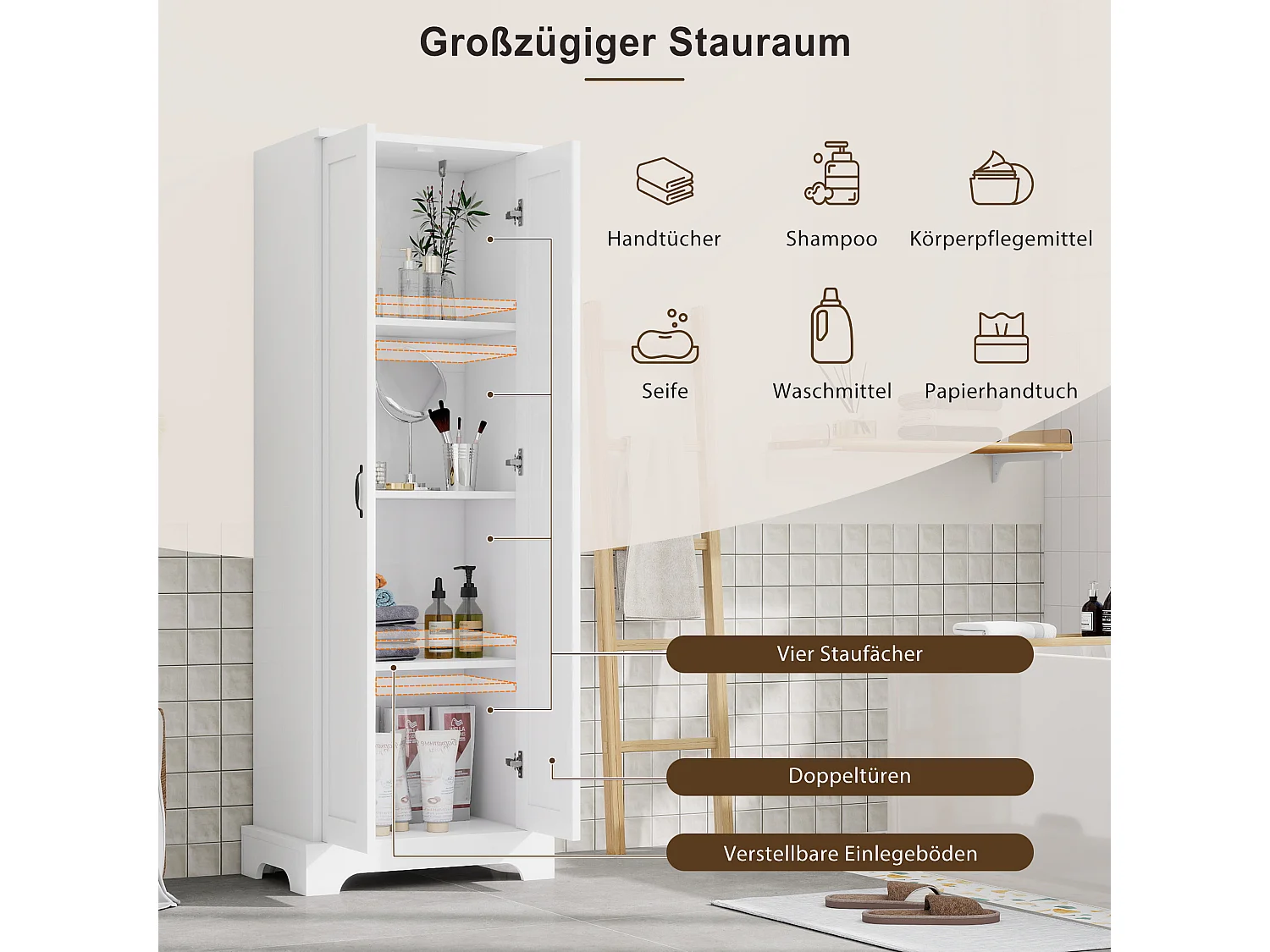 Badkamermeubel 56x40x170 cm - Vochtbestendige afwerking - 2 deuren, 4 planken - Verstelbare planken - MDF - Wit