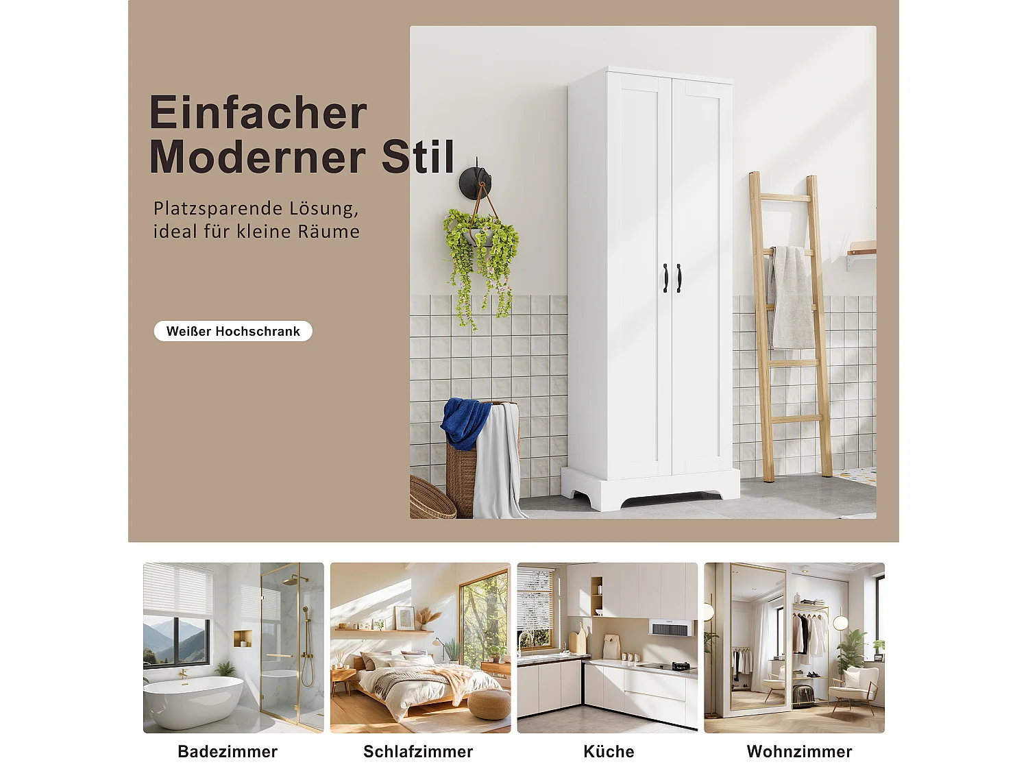 Badkamermeubel 56x40x170 cm - Vochtbestendige afwerking - 2 deuren, 4 planken - Verstelbare planken - MDF - Wit