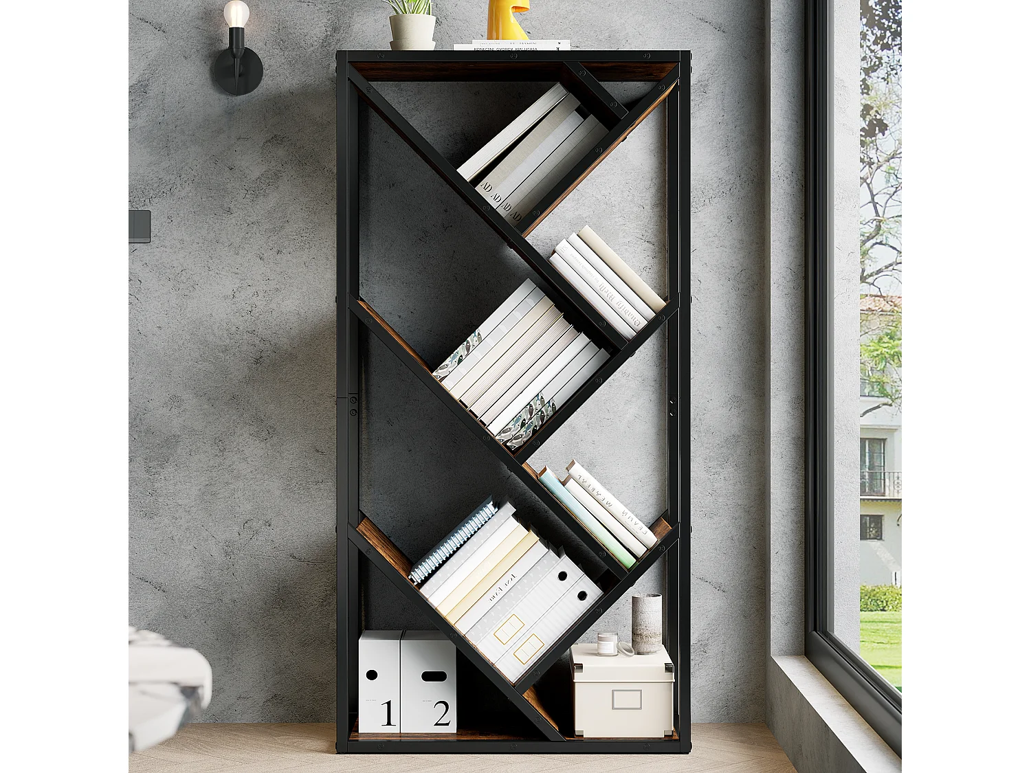 Regal in Baumform 80x35x160 cm - Mehrere offene Regale - Großzügiger Stauraum - Metallgestell - MDF - Schwarz und Braun