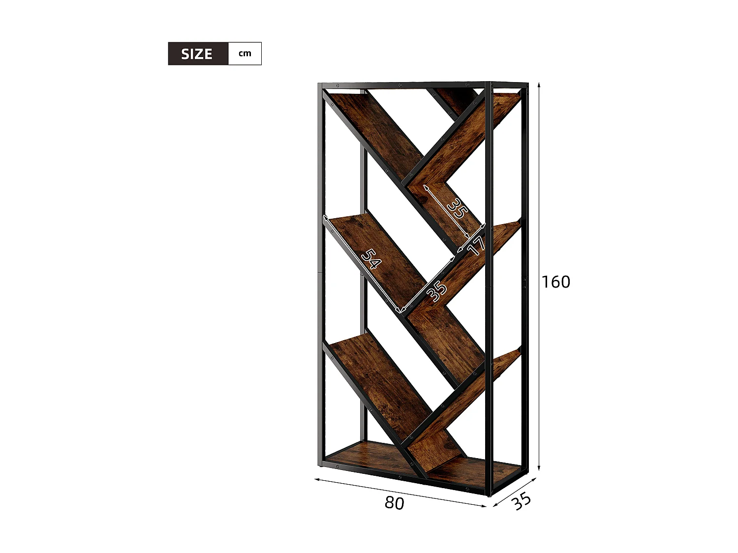 Regal in Baumform 80x35x160 cm - Mehrere offene Regale - Großzügiger Stauraum - Metallgestell - MDF - Schwarz und Braun