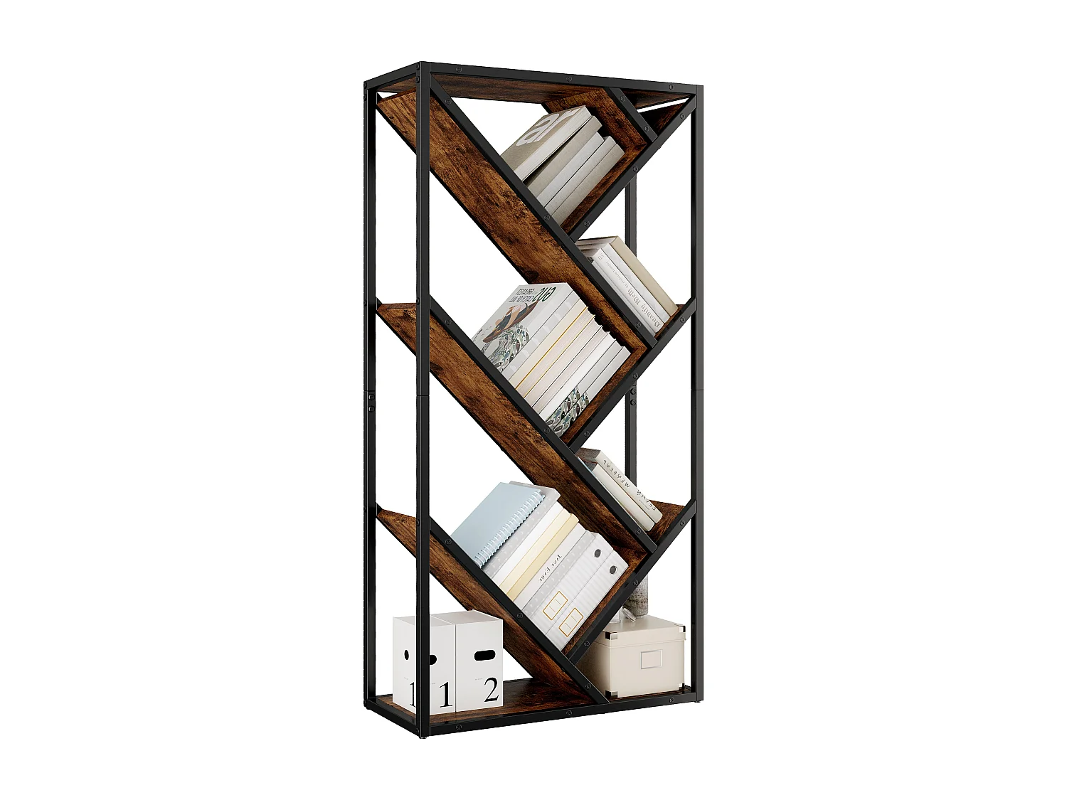 Regal in Baumform 80x35x160 cm - Mehrere offene Regale - Großzügiger Stauraum - Metallgestell - MDF - Schwarz und Braun