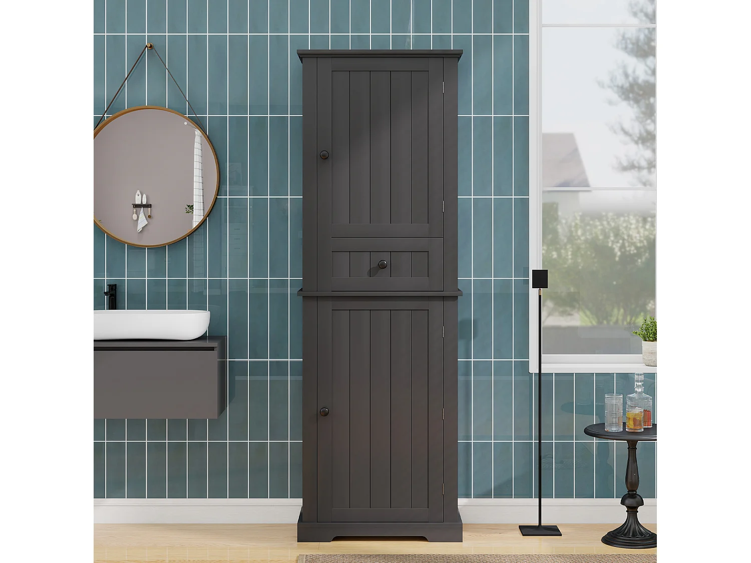 Badkamerkast - 56 x 28 x 167 cm - met 2 deuren + lade + verstelbare planken - MDF - zwart