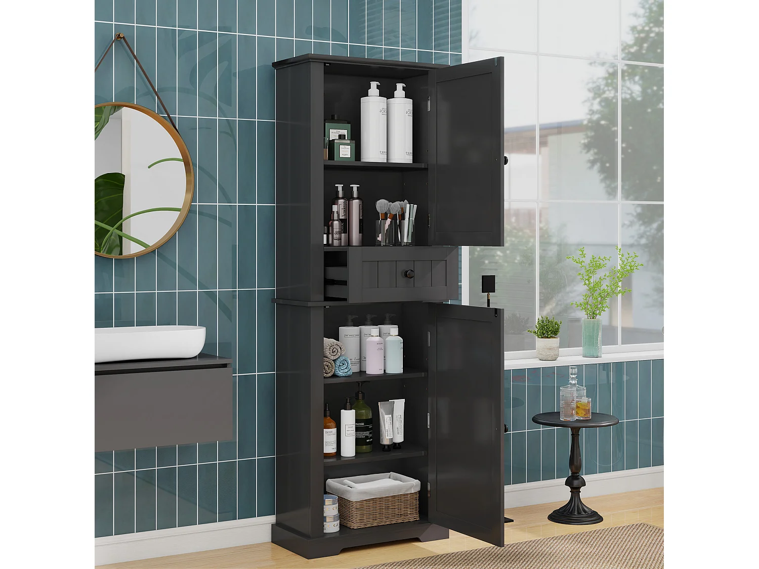 Badkamerkast - 56 x 28 x 167 cm - met 2 deuren + lade + verstelbare planken - MDF - zwart