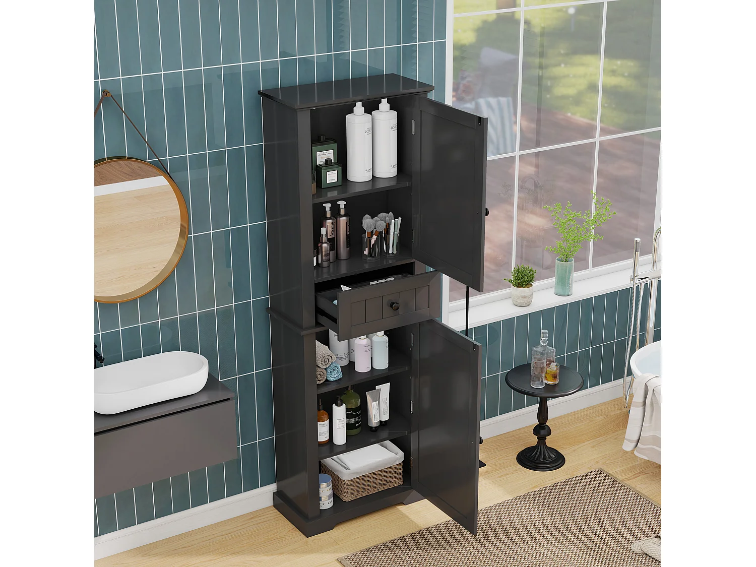 Badkamerkast - 56 x 28 x 167 cm - met 2 deuren + lade + verstelbare planken - MDF - zwart