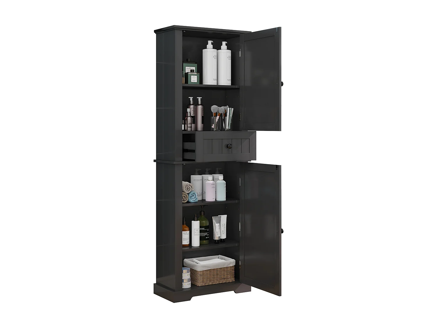 Badkamerkast - 56 x 28 x 167 cm - met 2 deuren + lade + verstelbare planken - MDF - zwart