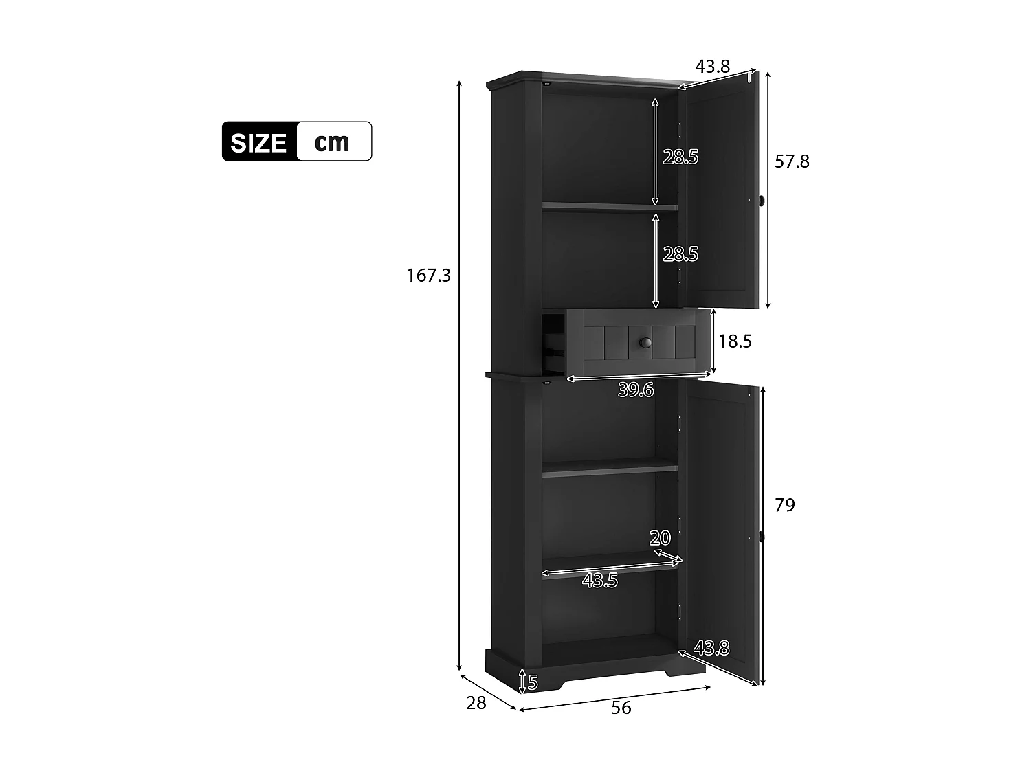 Badkamerkast - 56 x 28 x 167 cm - met 2 deuren + lade + verstelbare planken - MDF - zwart